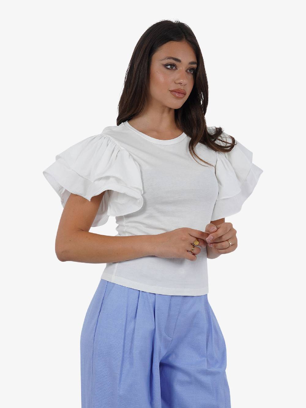 HAVE ONE T-shirt Con Volant TMI-L013 Donna Cotone Bianco