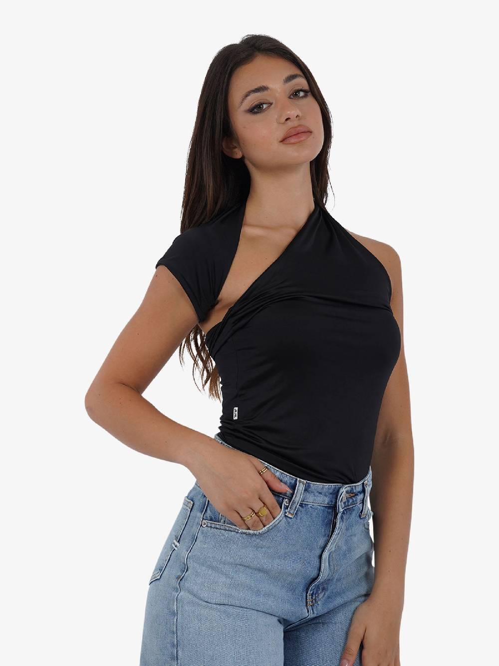 JIJIL T-shirt Top Monospalla Asimmetrico TS217 Donna Nero