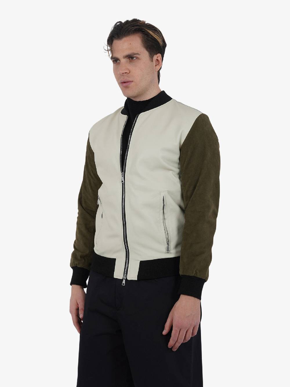 TAKAMORI Bomber Doppio Cursore Uomo Pelle Panna