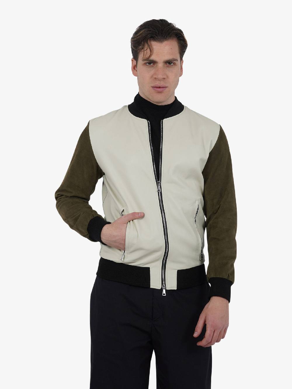 TAKAMORI Bomber doppio cursore uomo pelle panna