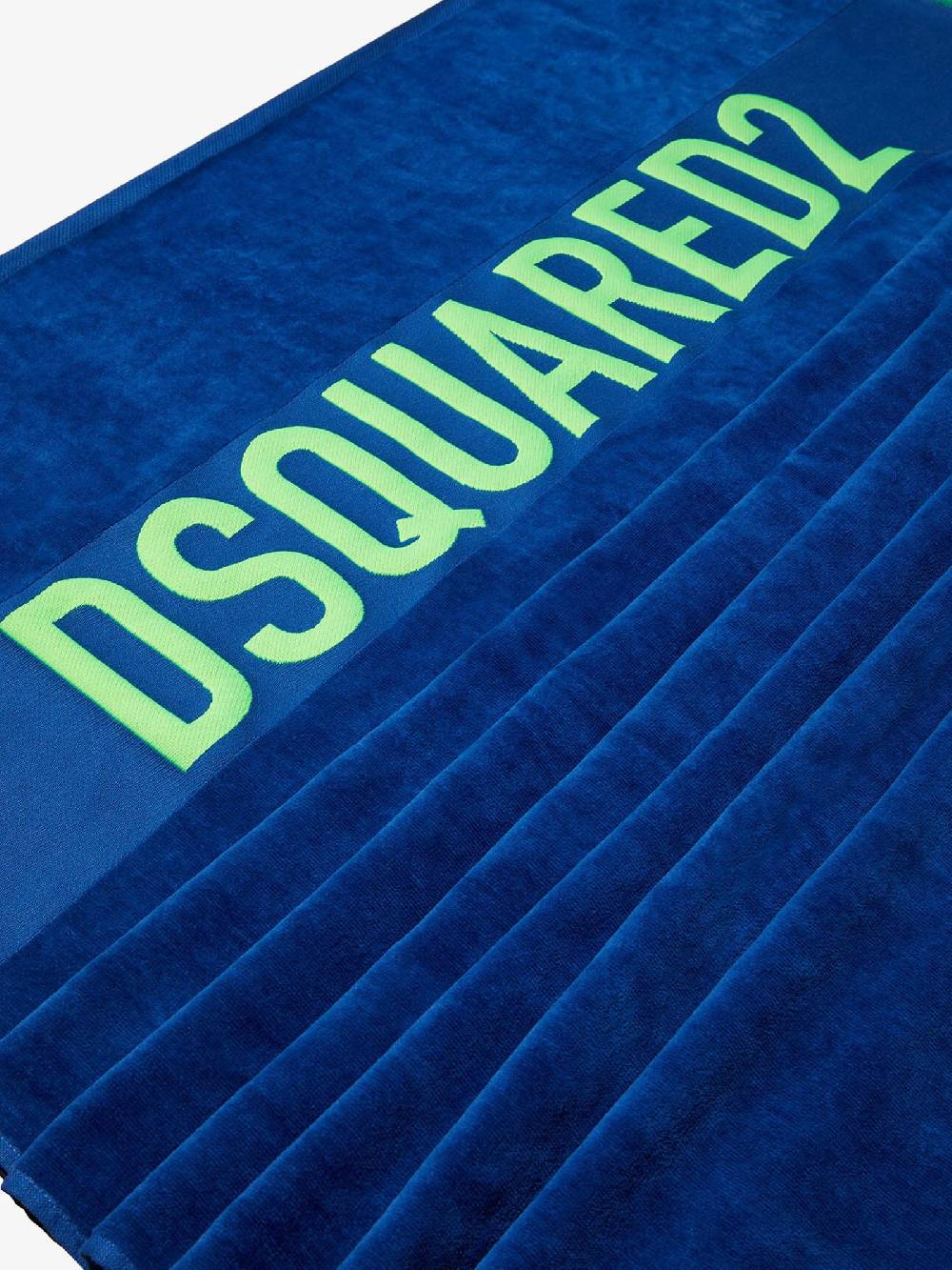 DSQUARED2 Telo Da Mare Unisex In Cotone Blu Con Logo Lettering A Contrasto