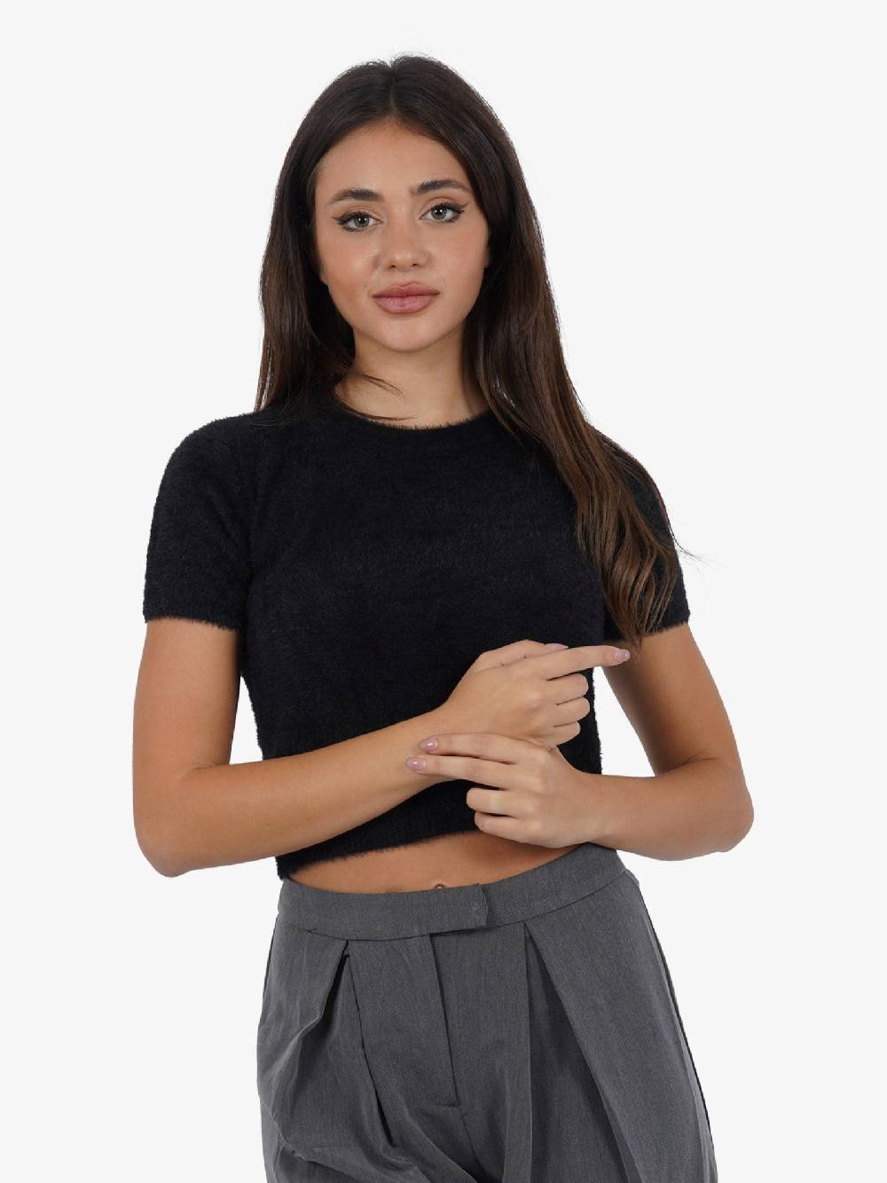 GLAMOROUS Top Cropped Lavorato A Maglia Donna Maniche Corte Nero