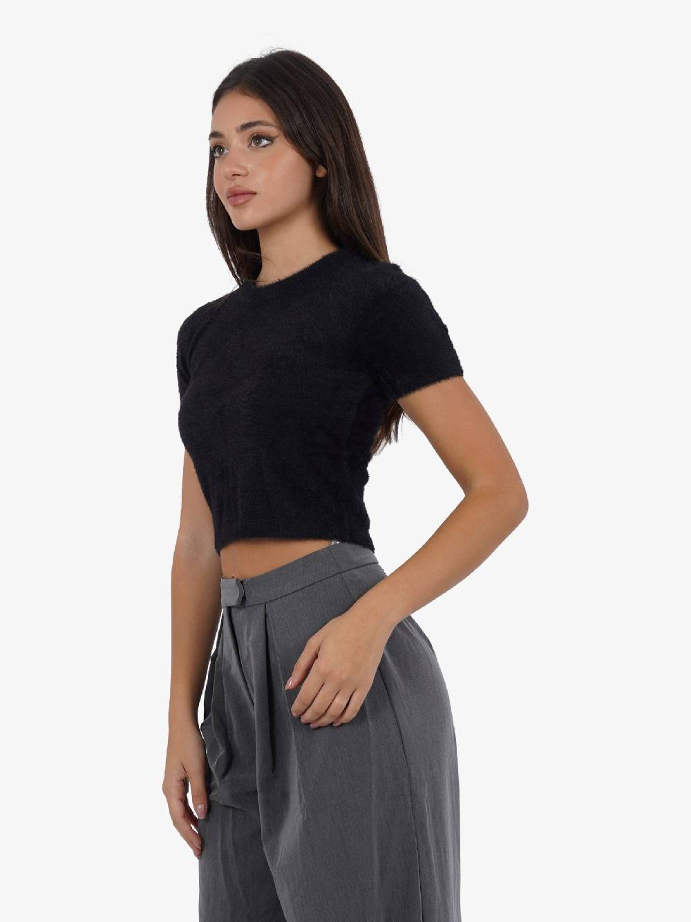 GLAMOROUS Top Cropped Lavorato A Maglia Donna Maniche Corte Nero