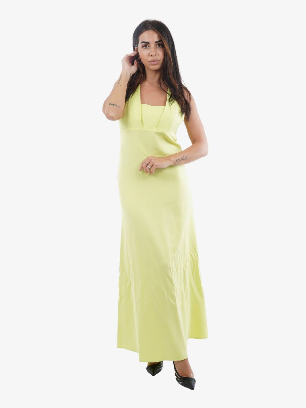 ALYSI Vestito Lungo Donna In Crepe Cady Verde Scollato