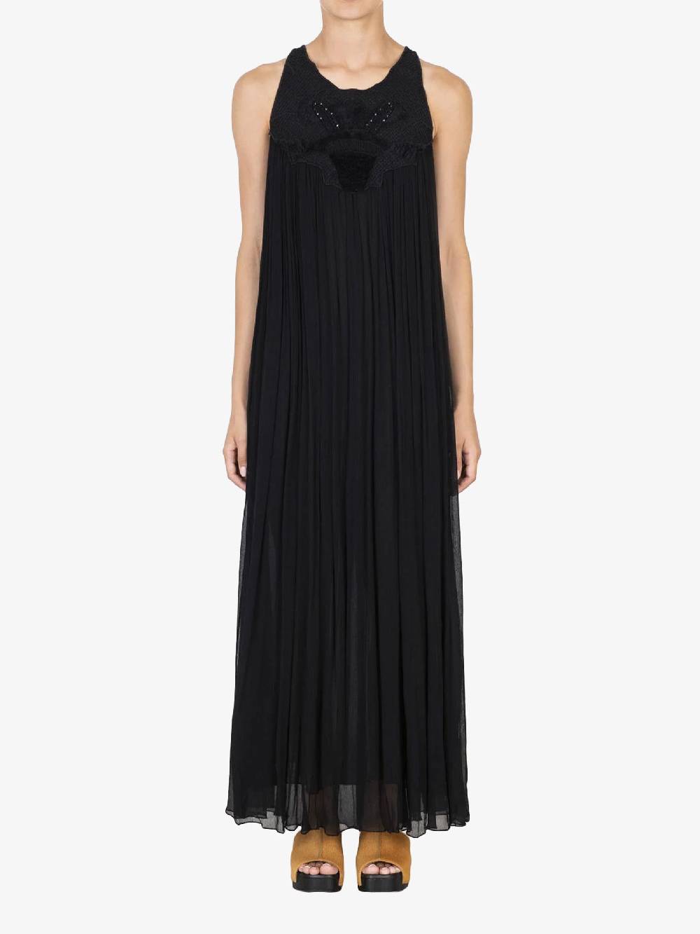 ALYSI Vestito Lungo Donna In Seta Nera Ricamato Creponne