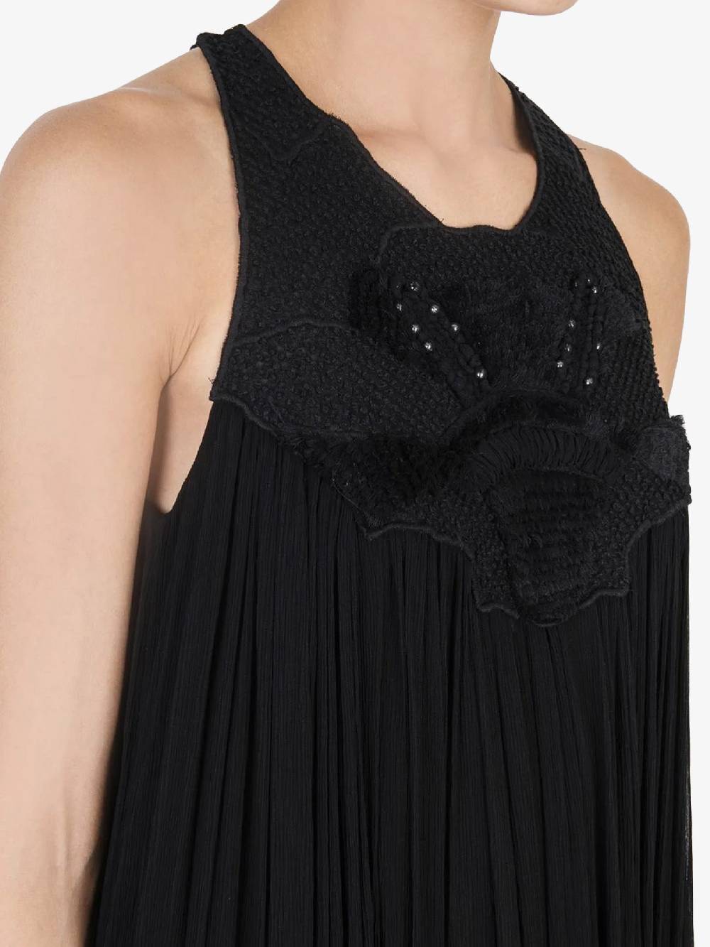 ALYSI Vestito Lungo Donna In Seta Nera Ricamato Creponne