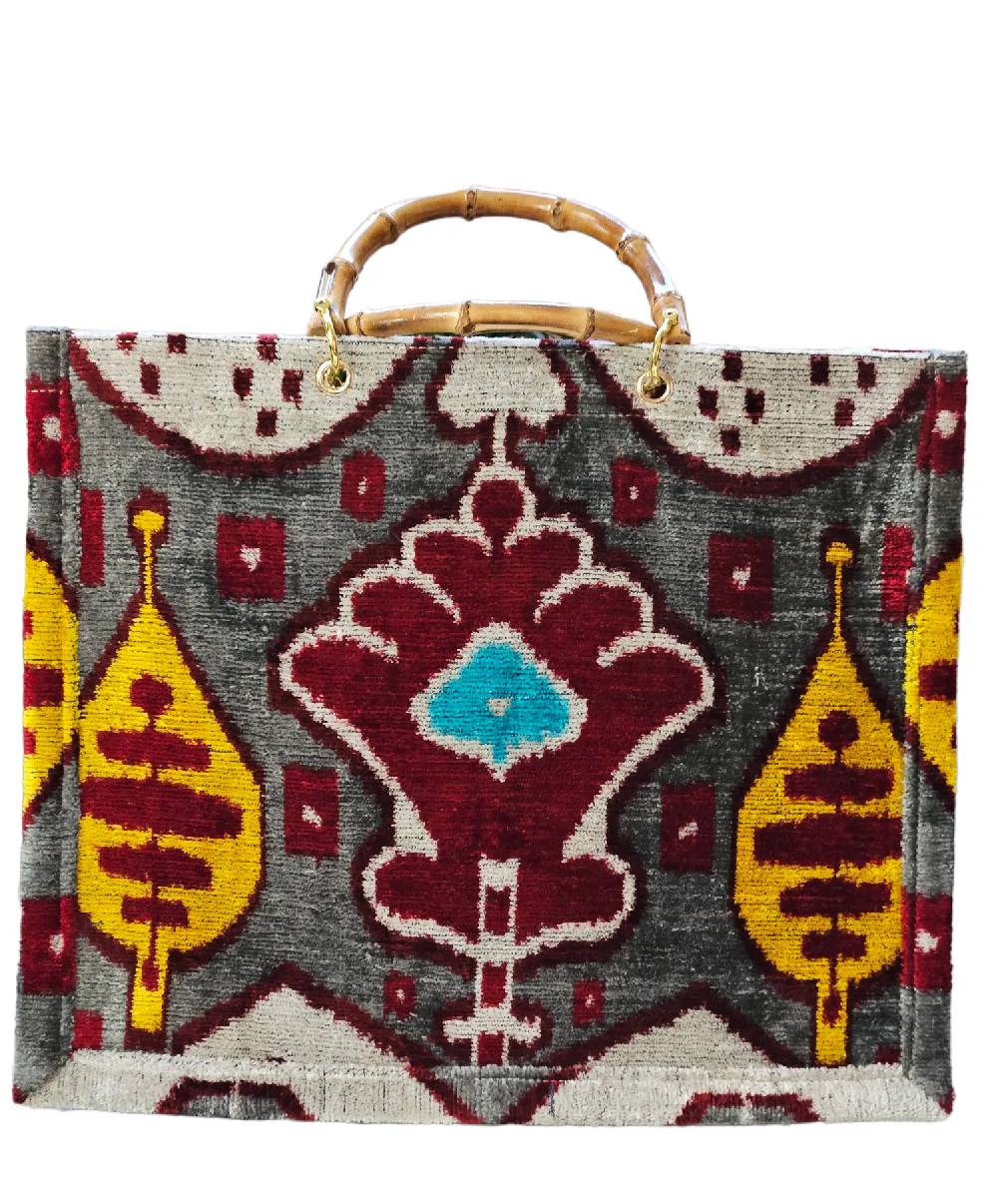Les Ottomans Silk velvet ikat bamboo tote TSP13