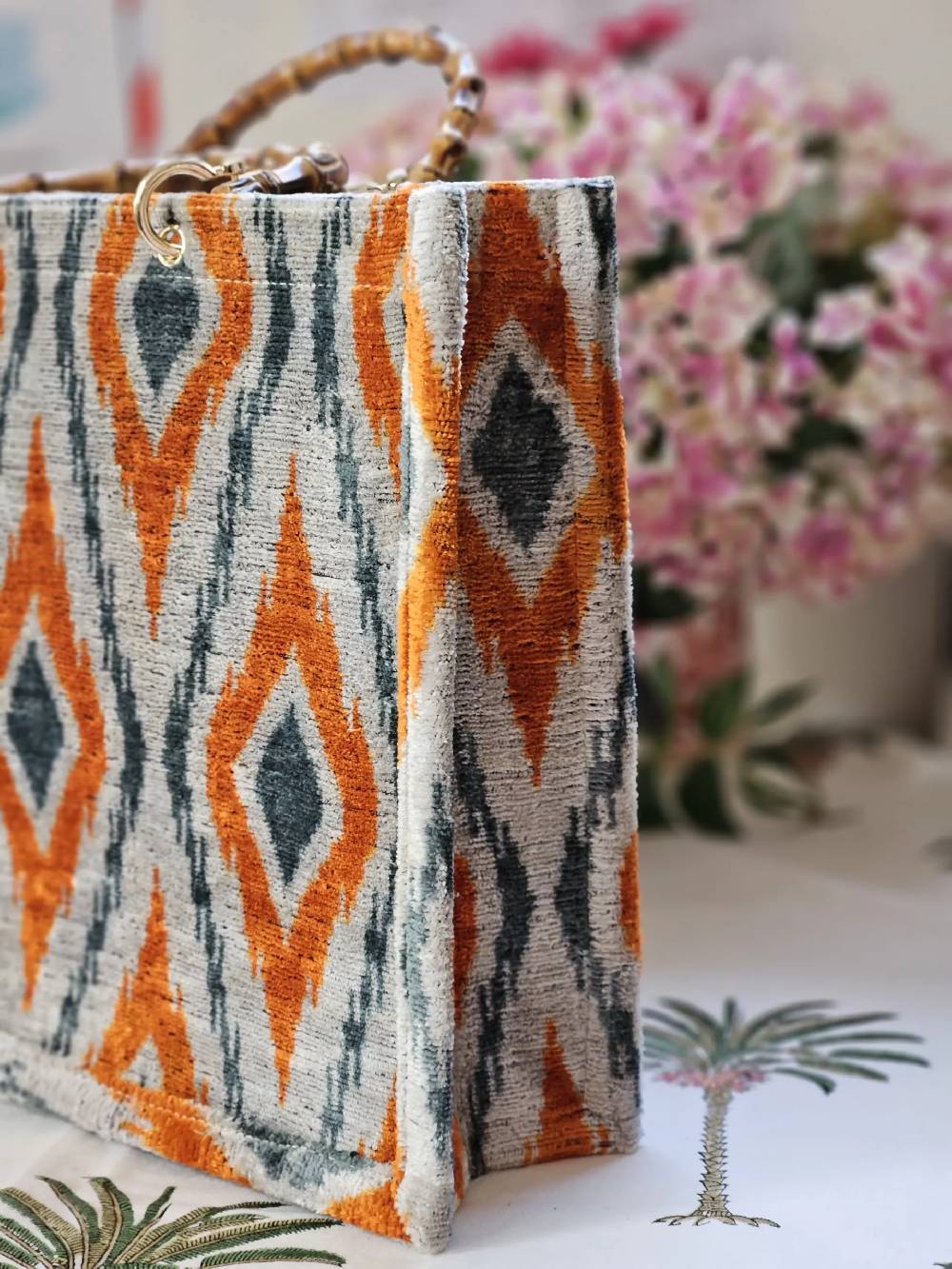 Les Ottomans Silk Velvet Ikat Bamboo Tote TSP14