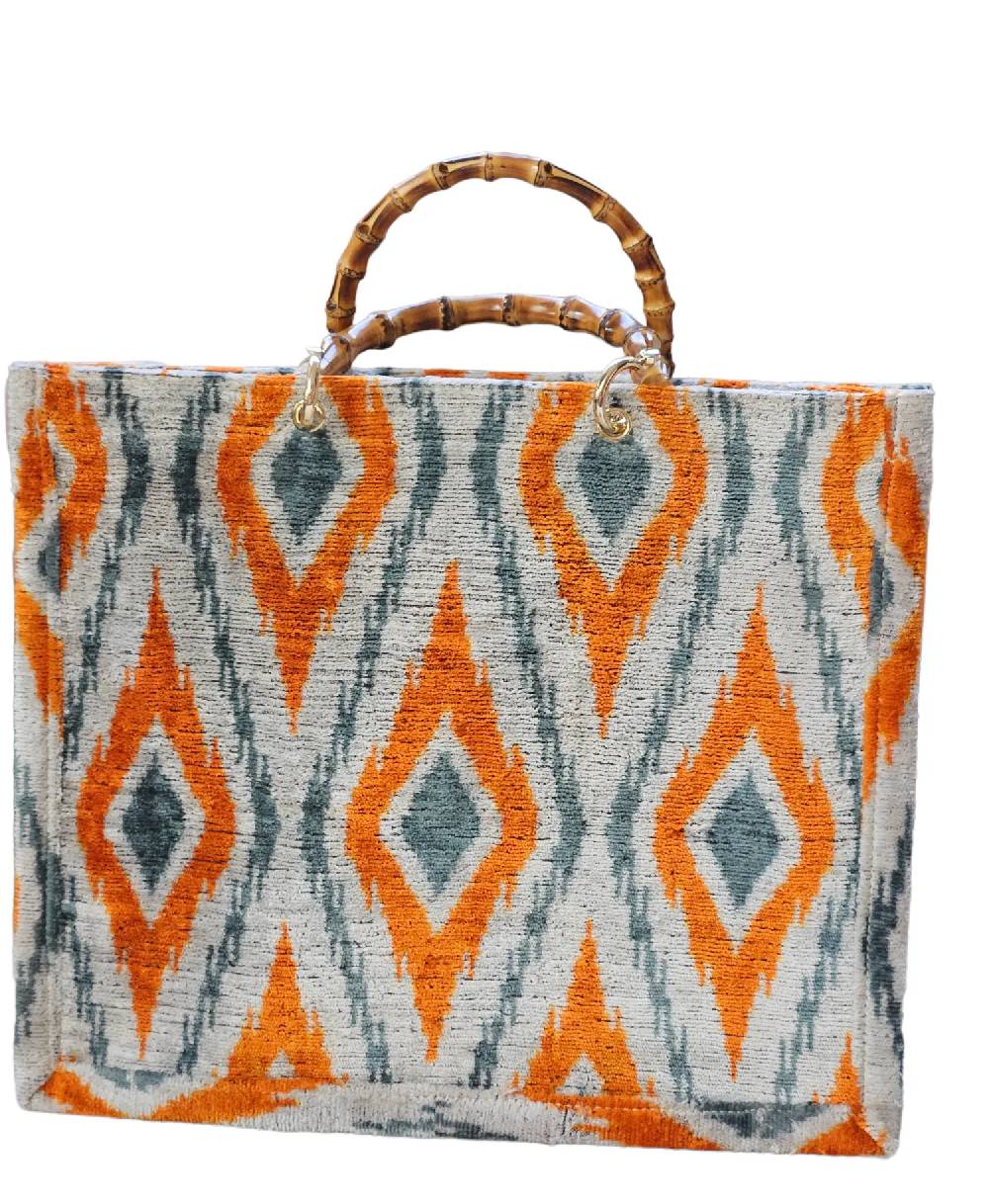 Les Ottomans Silk velvet ikat bamboo tote TSP14