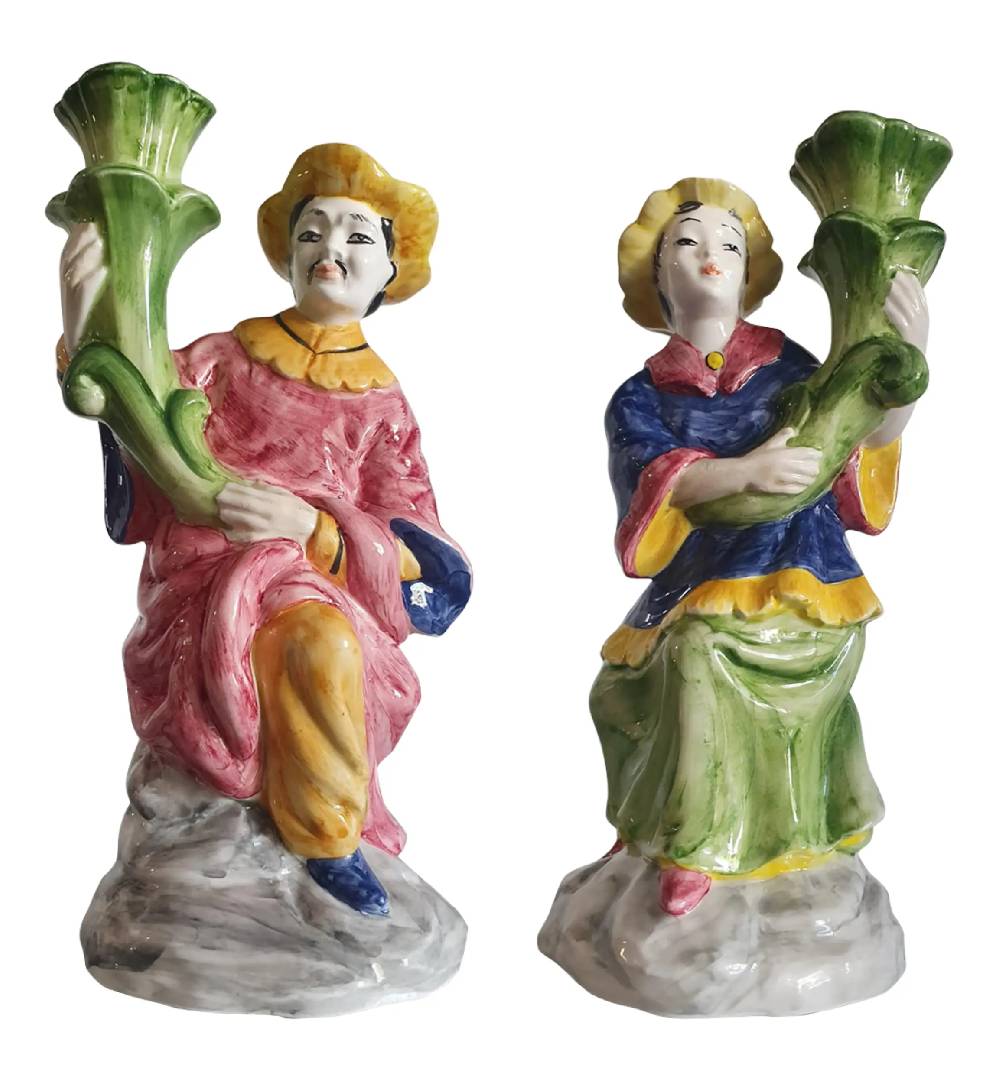 Les Ottomans Set of two handpainted chinoserie ceramic candleholder MAR54