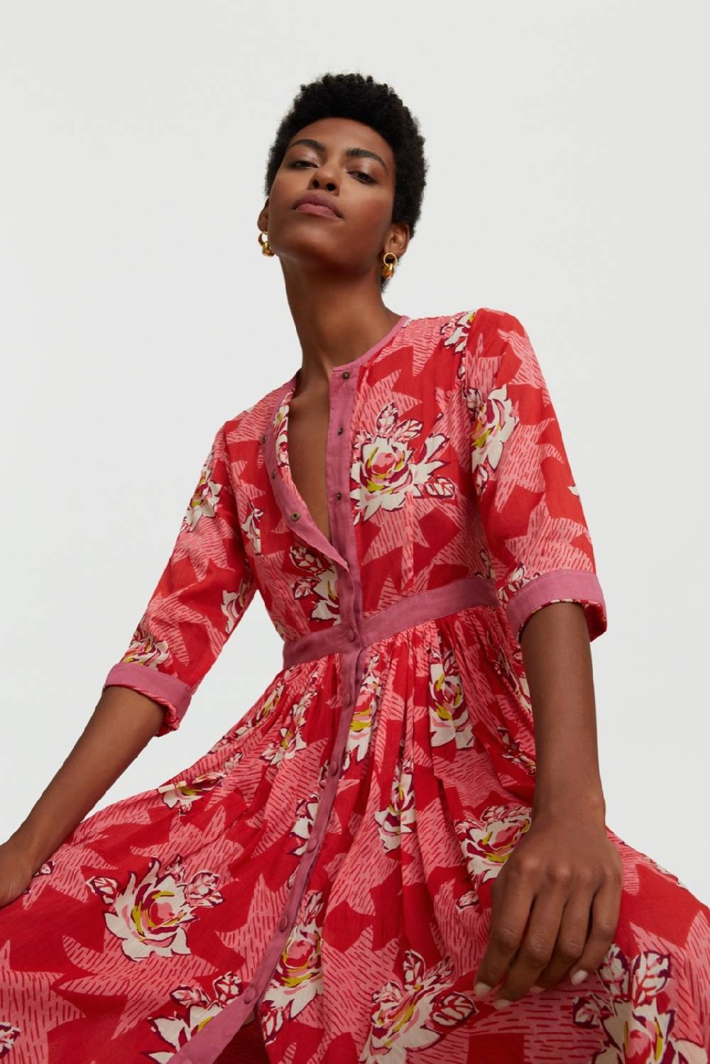 Lisa Corti Caftano Lungo Aperto Rainbow Star Flower Red