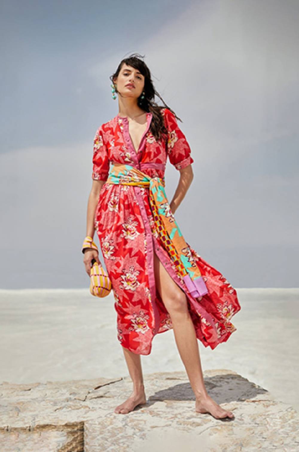 Lisa Corti caftano lungo aperto rainbow star flower red