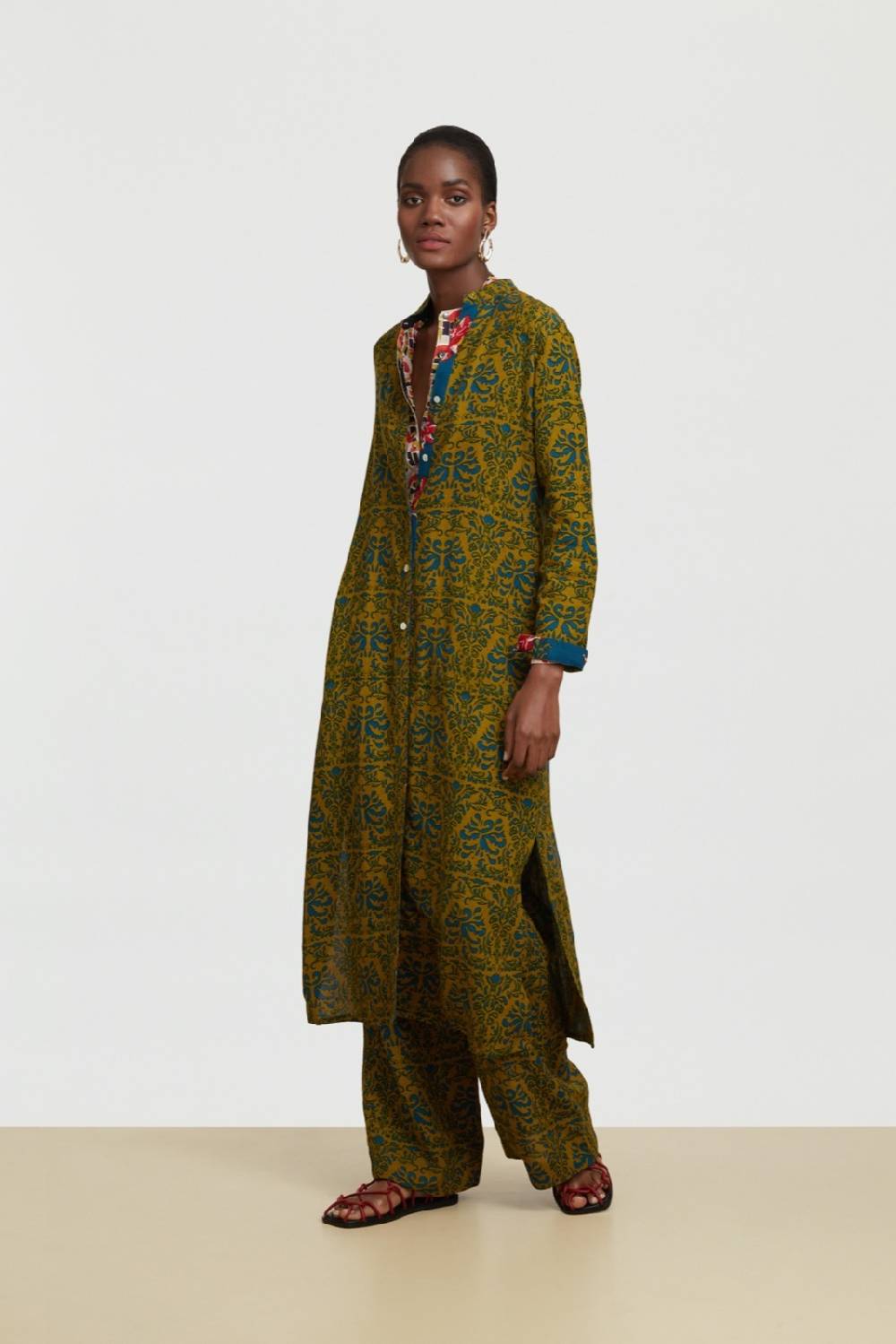 Lisa Corti Caftano Lungo Aperto Tangeri Damask Olive Green