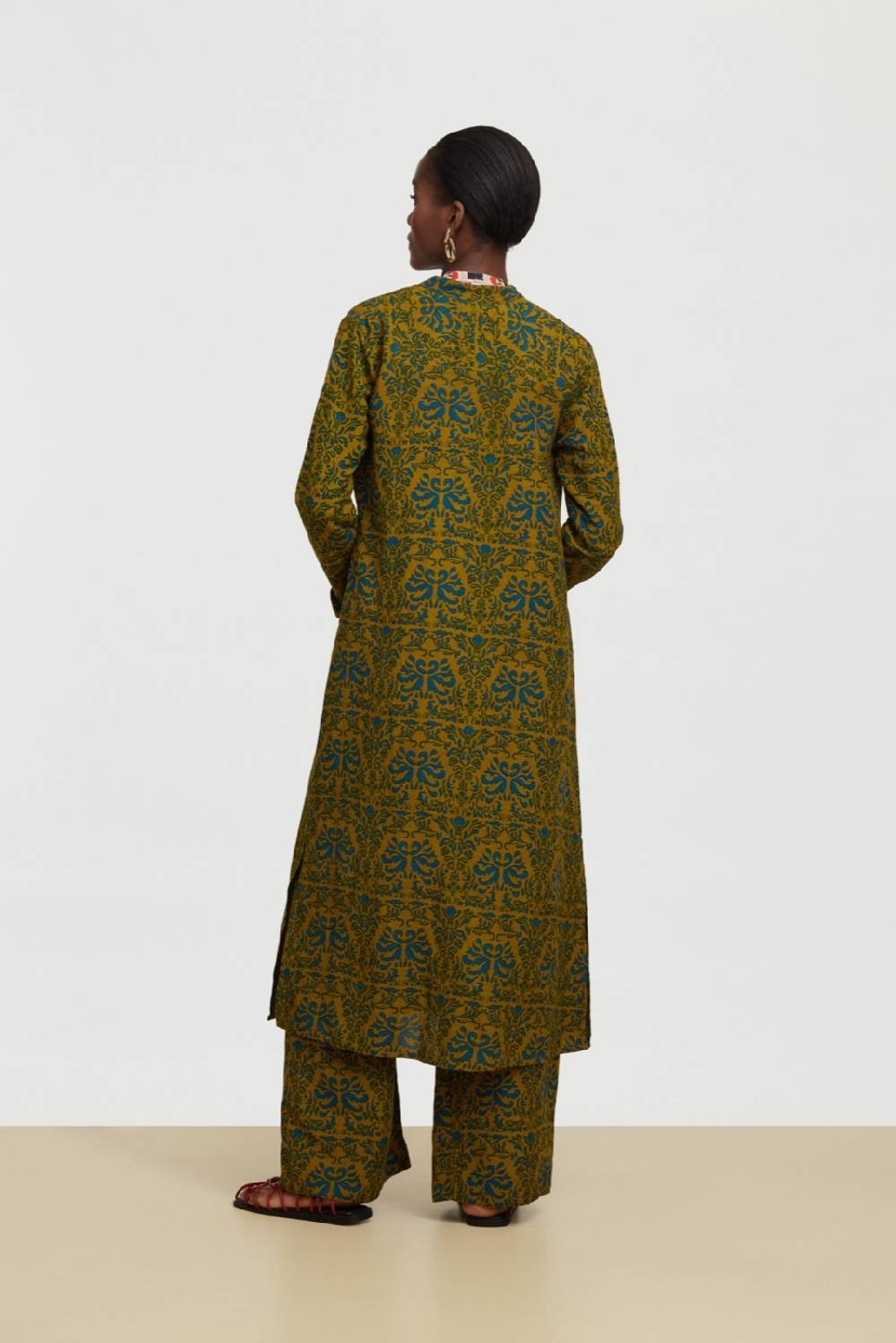 Lisa Corti Caftano Lungo Aperto Tangeri Damask Olive Green