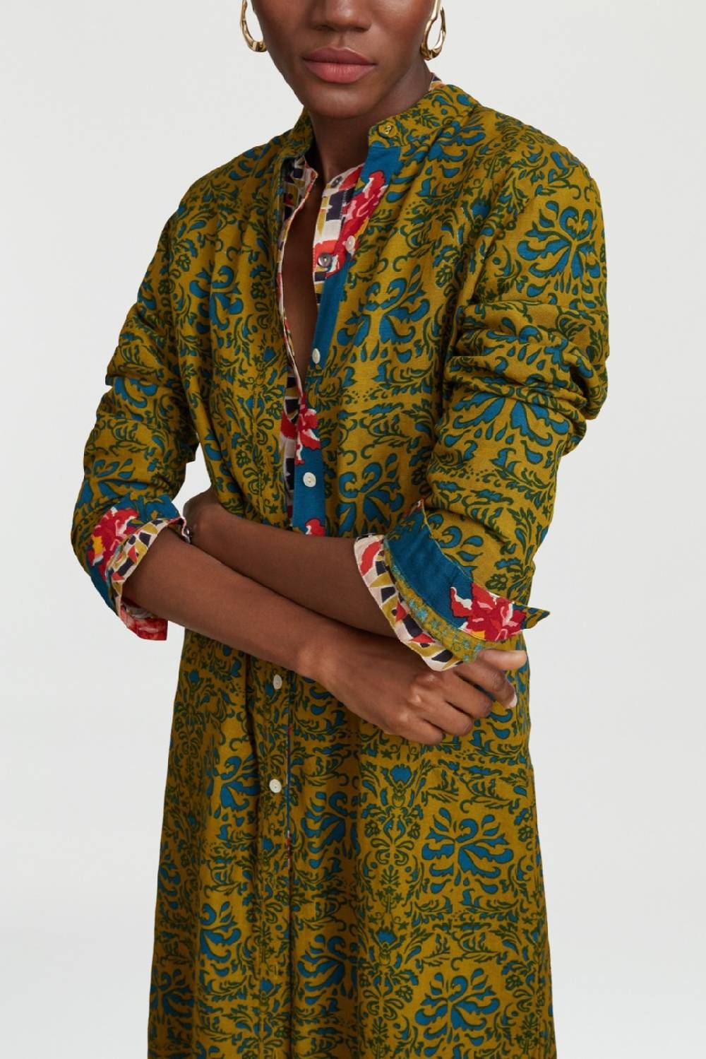 Lisa Corti Caftano Lungo Aperto Tangeri Damask Olive Green