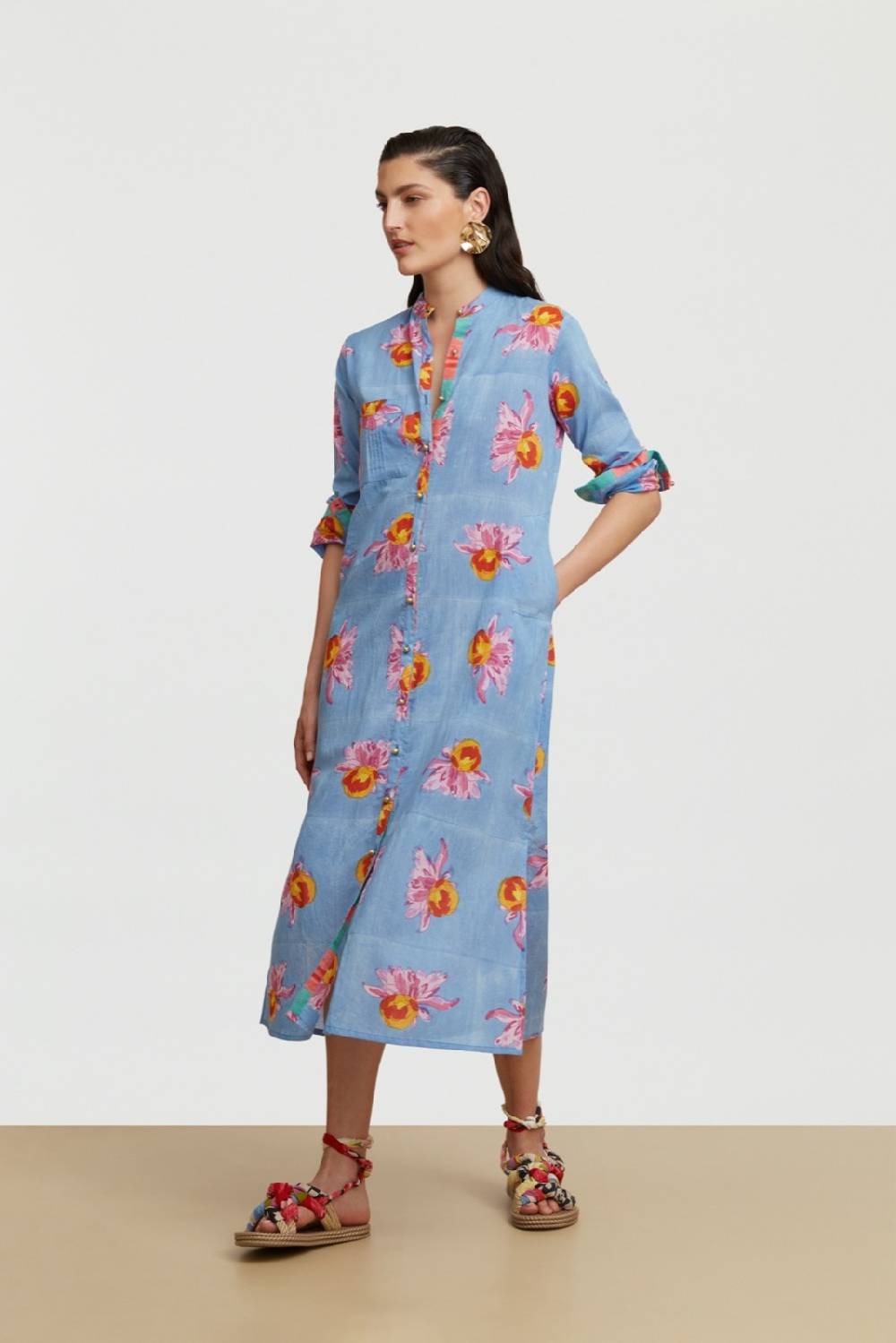 Lisa Corti Kurta Lunga Aperta Arabesque Flower Light Blue