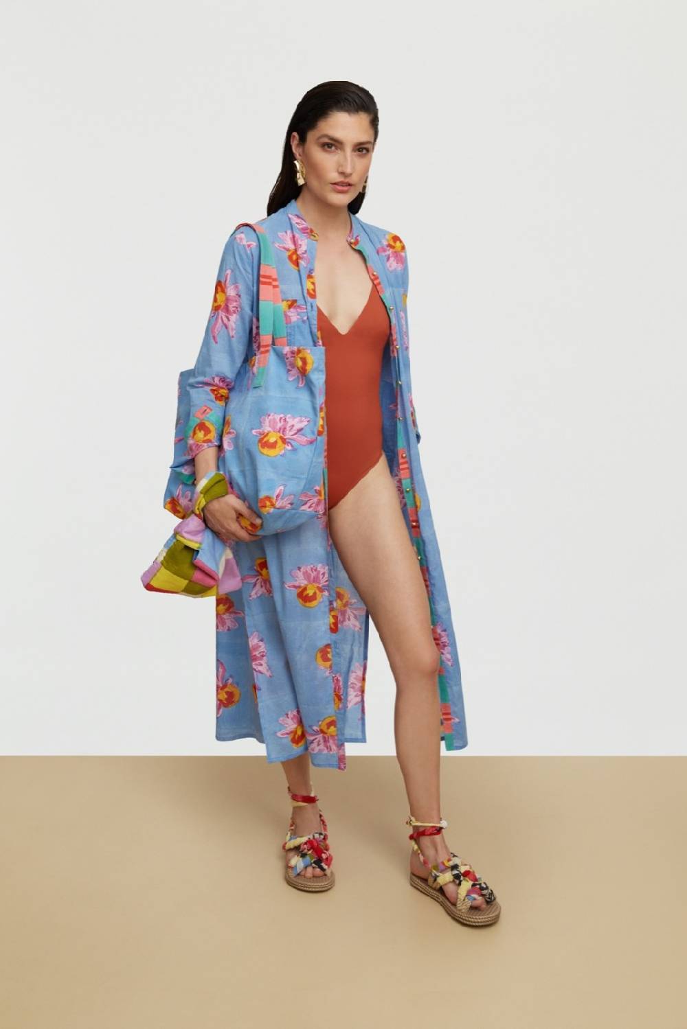 Lisa Corti Kurta Lunga Aperta Arabesque Flower Light Blue