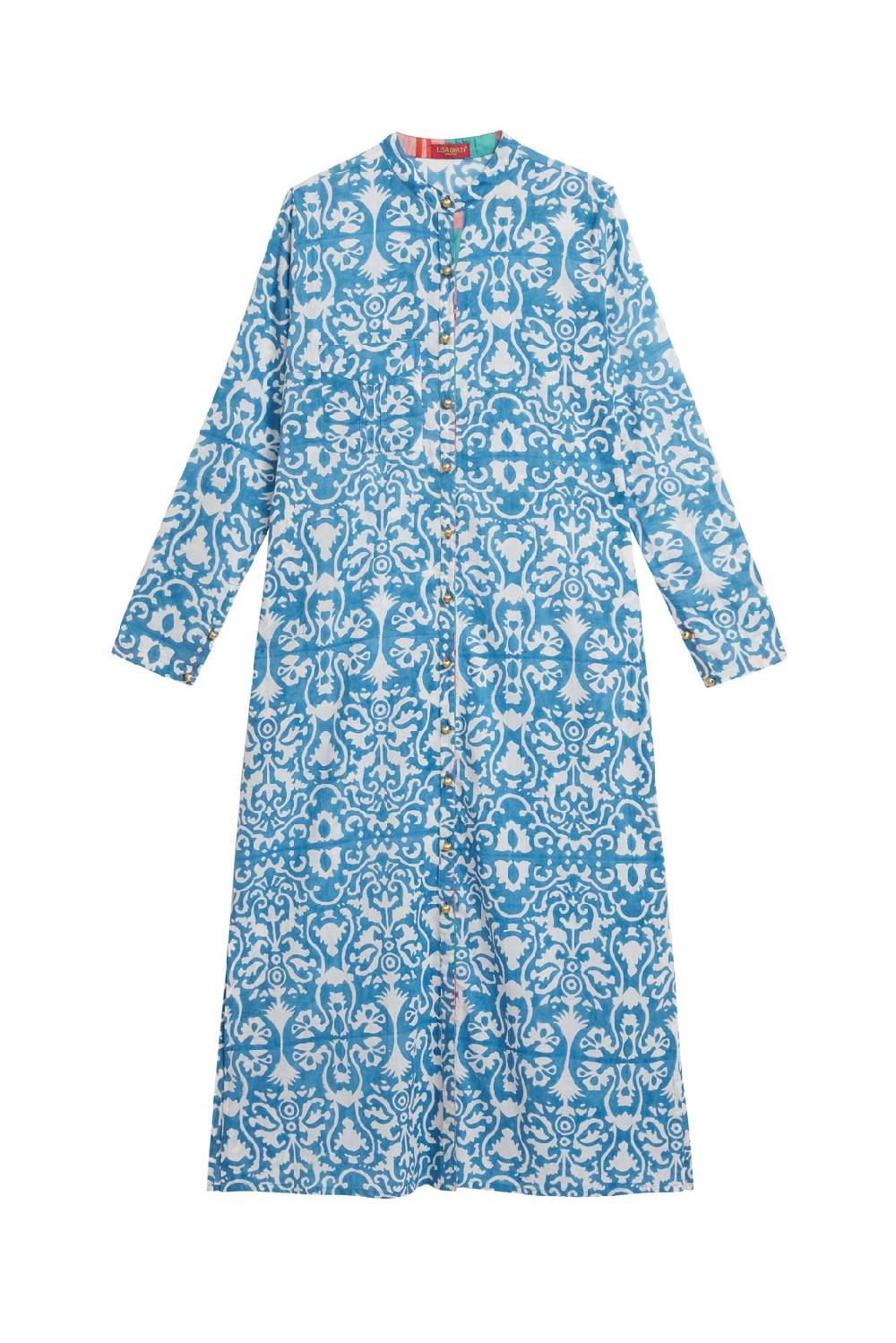 Lisa Corti Kurta Lunga Aperta Damask Design White Blue