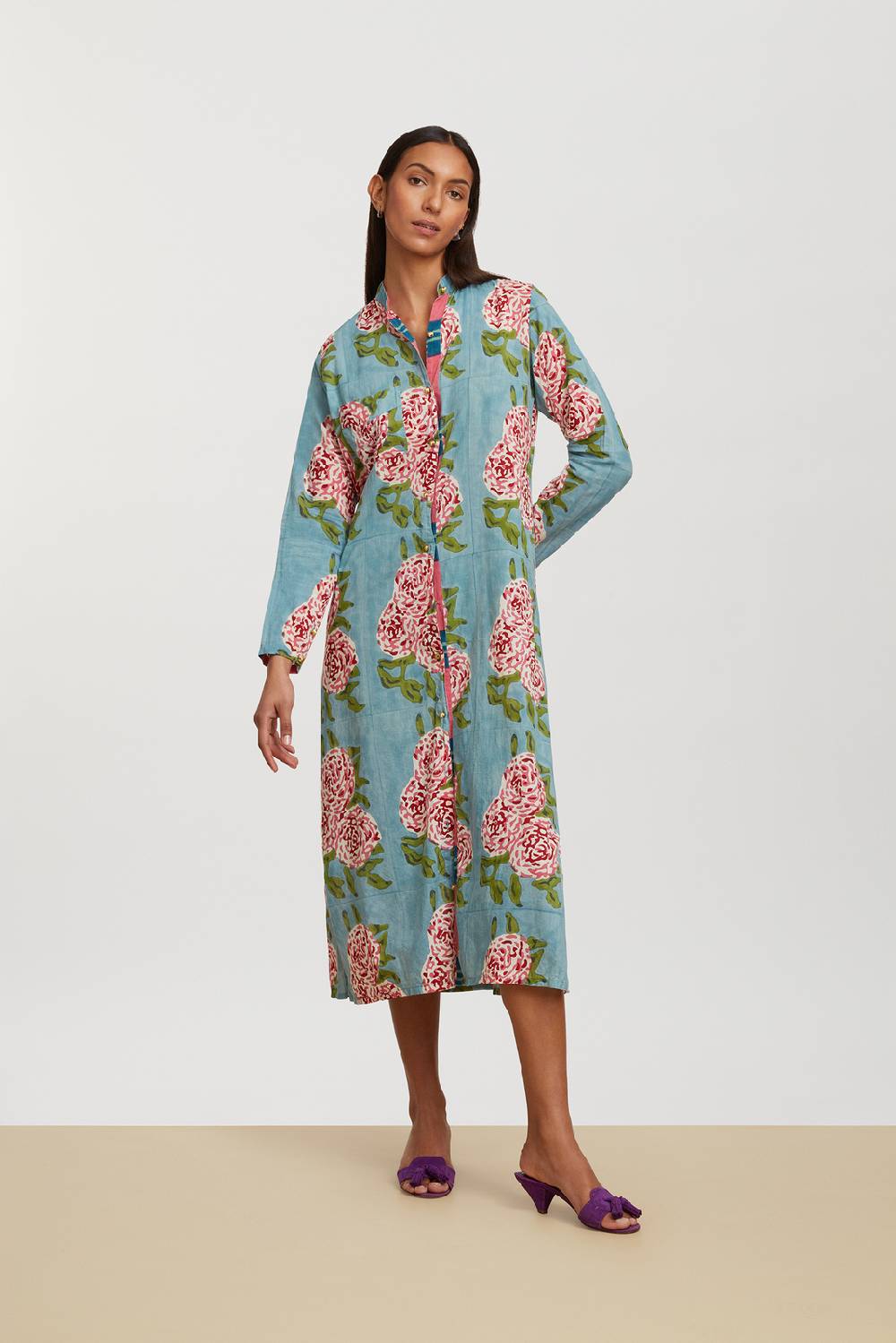Lisa Corti kurta lunga aperta leopard flower sky light blue