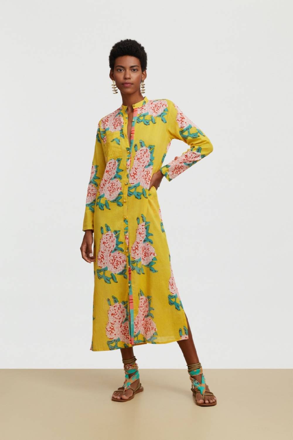 Lisa Corti kurta lunga aperta leopard flower yellow