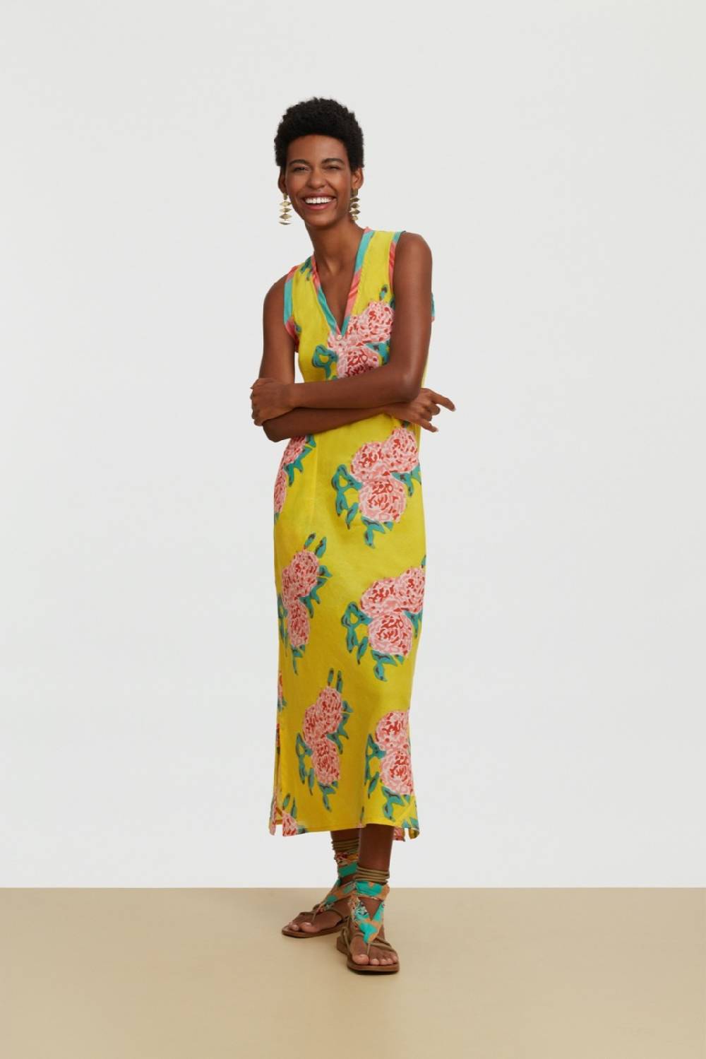 Lisa Corti abito cheack leopard flower yellow