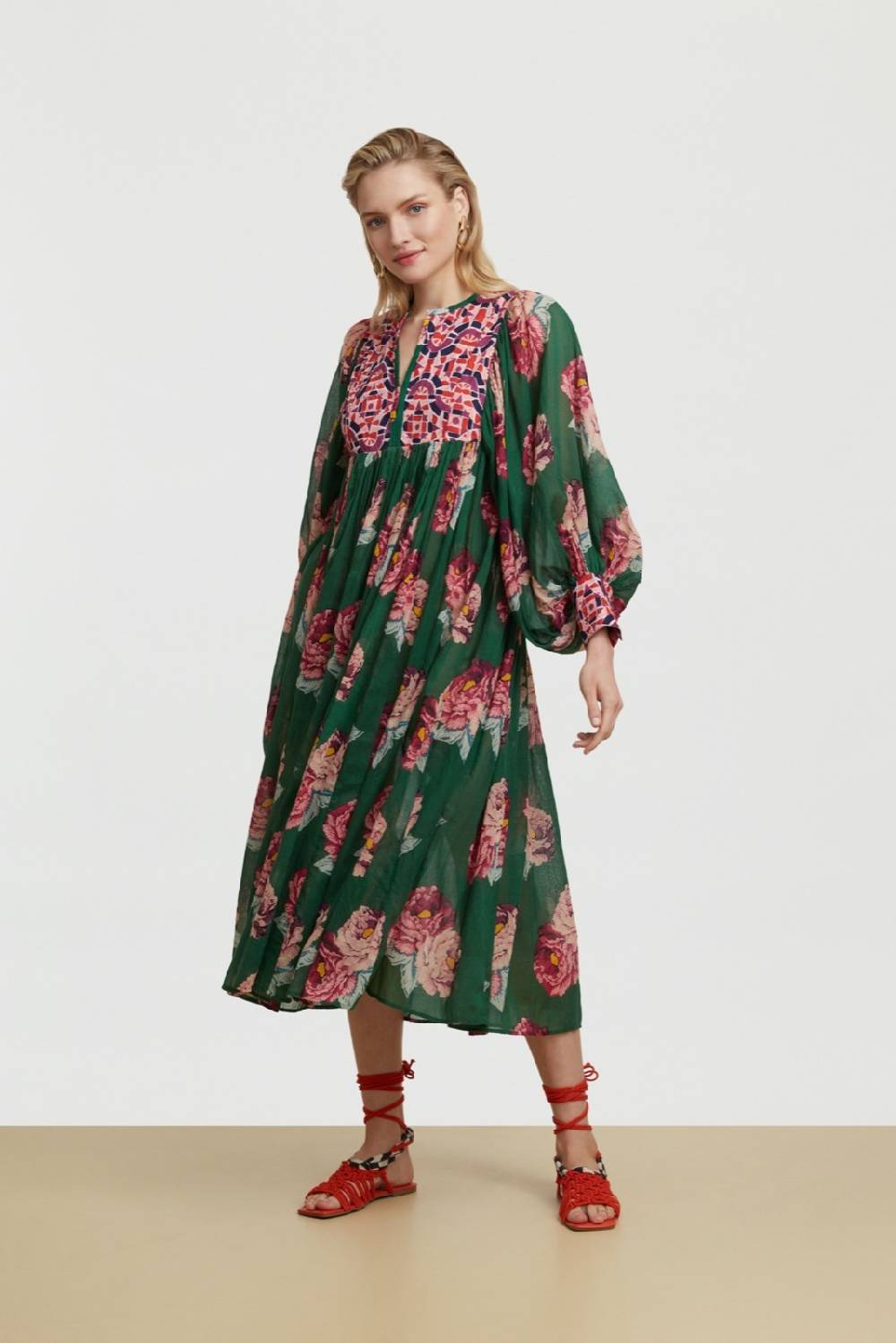 Lisa Corti abito ortensia folk rose green