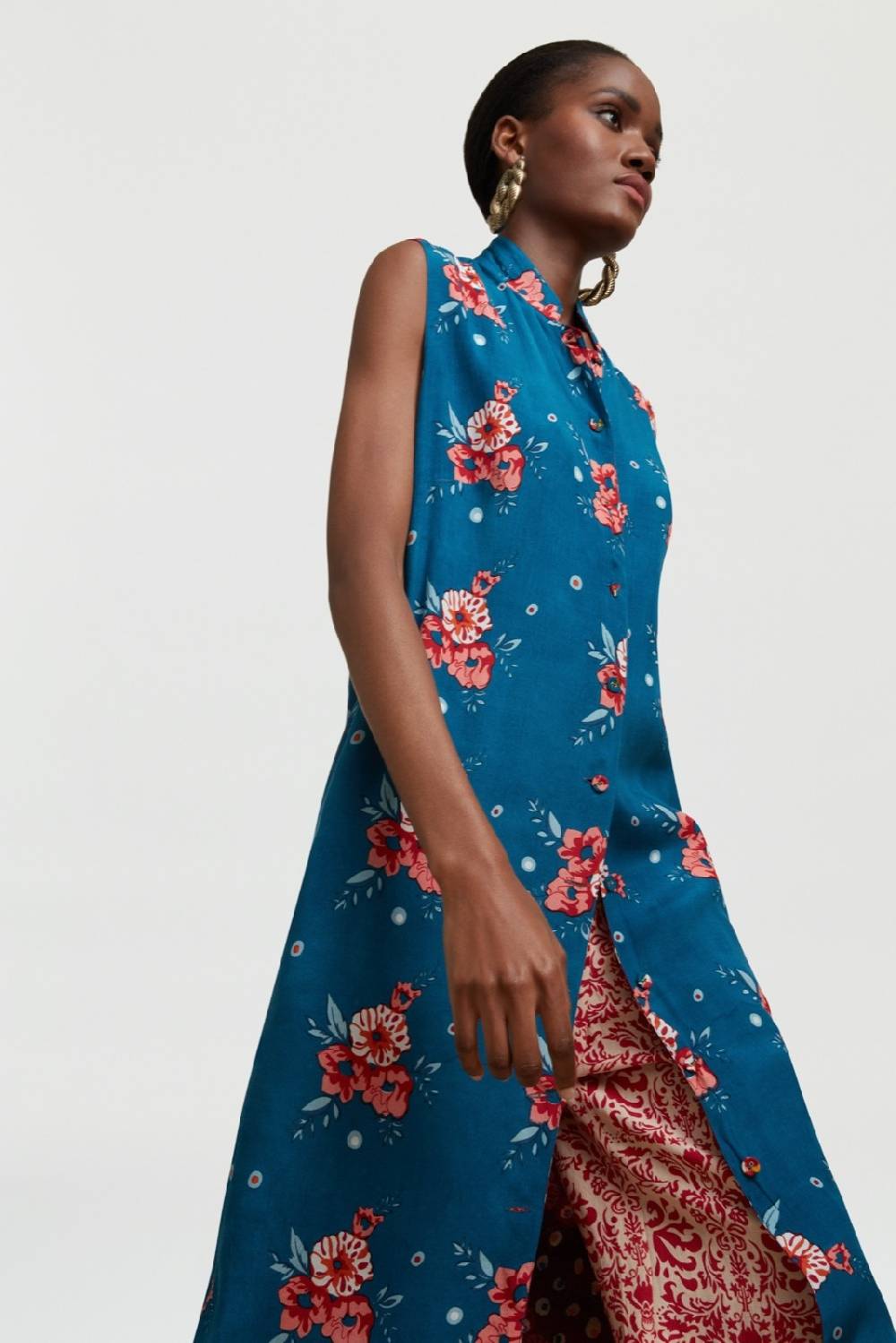 Lisa Corti Gilet Lungo Myanmar Bukhara Flower Teal