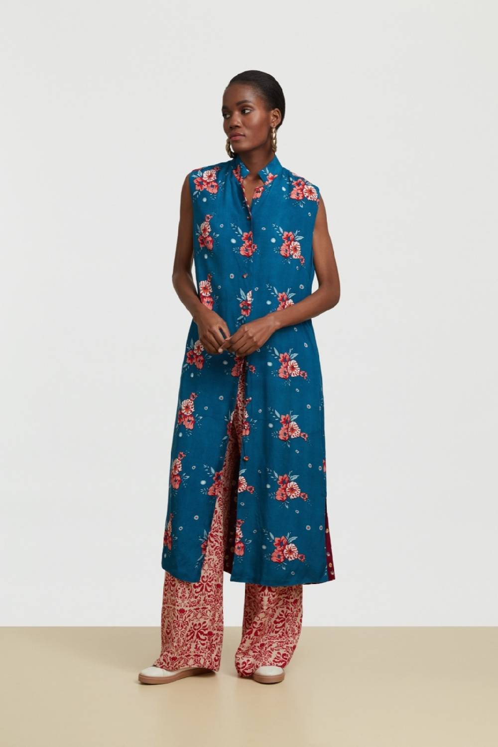 Lisa Corti gilet lungo myanmar bukhara flower teal