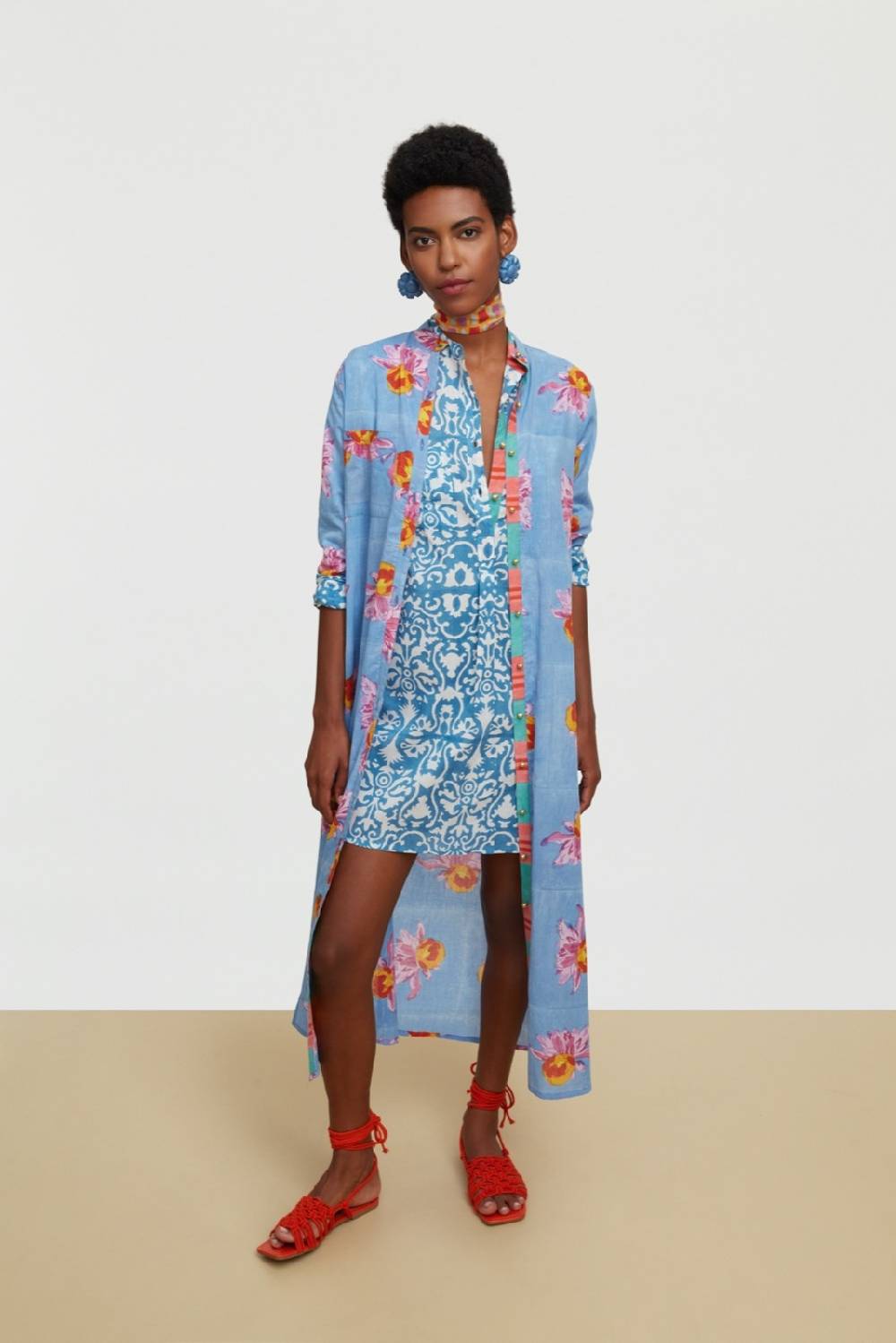 Lisa Corti Kurta Corta Damask Design White Blue
