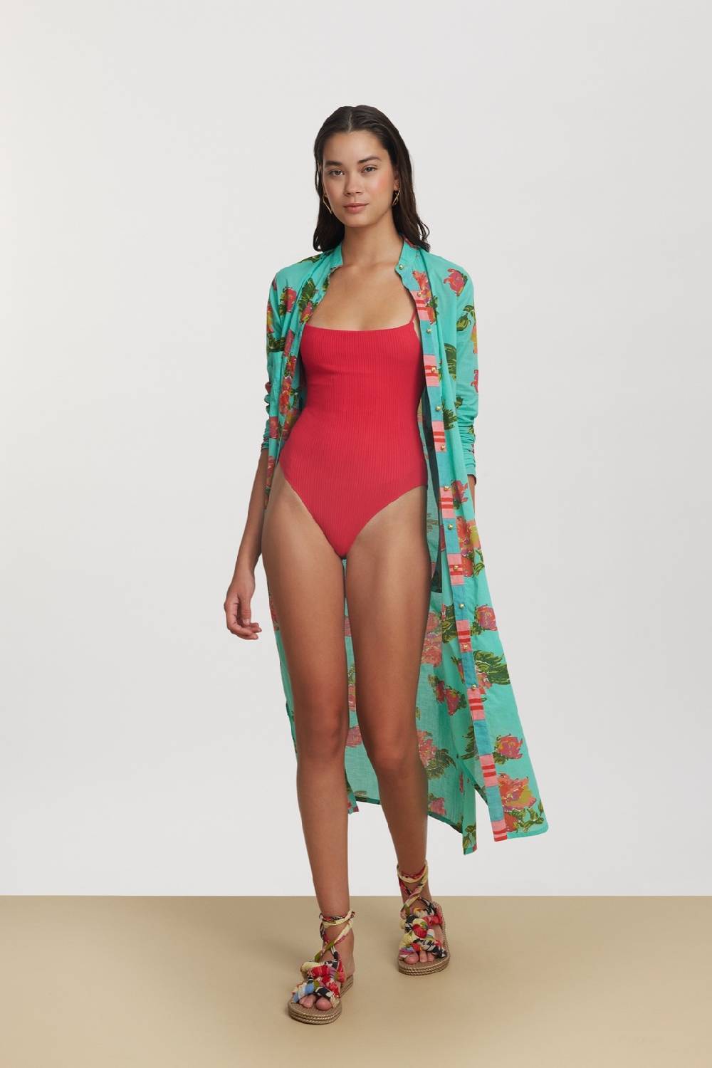 Lisa Corti kurta lunga aperta azhar flower aqua