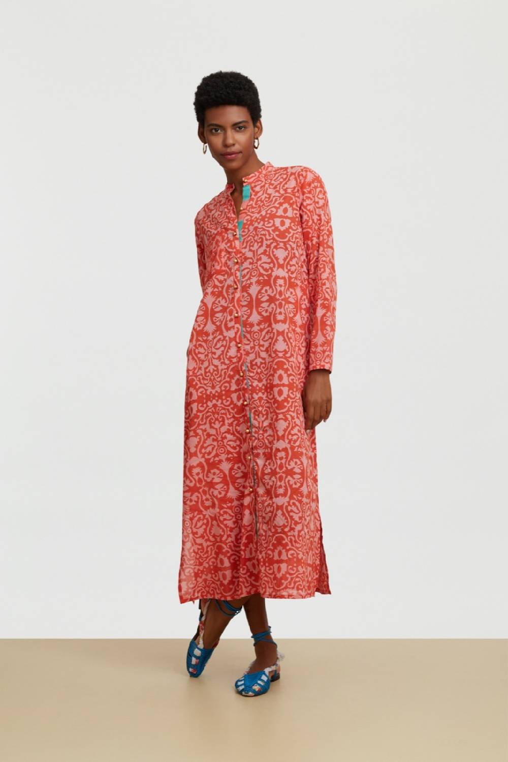 Lisa Corti Kurta Lunga Aperta Damask Design Red