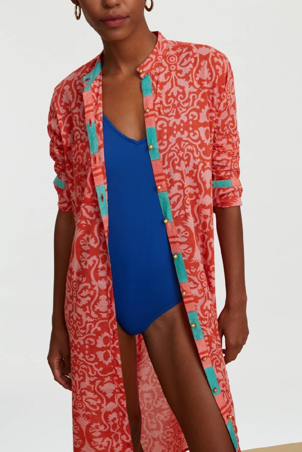 Lisa Corti Kurta Lunga Aperta Damask Design Red