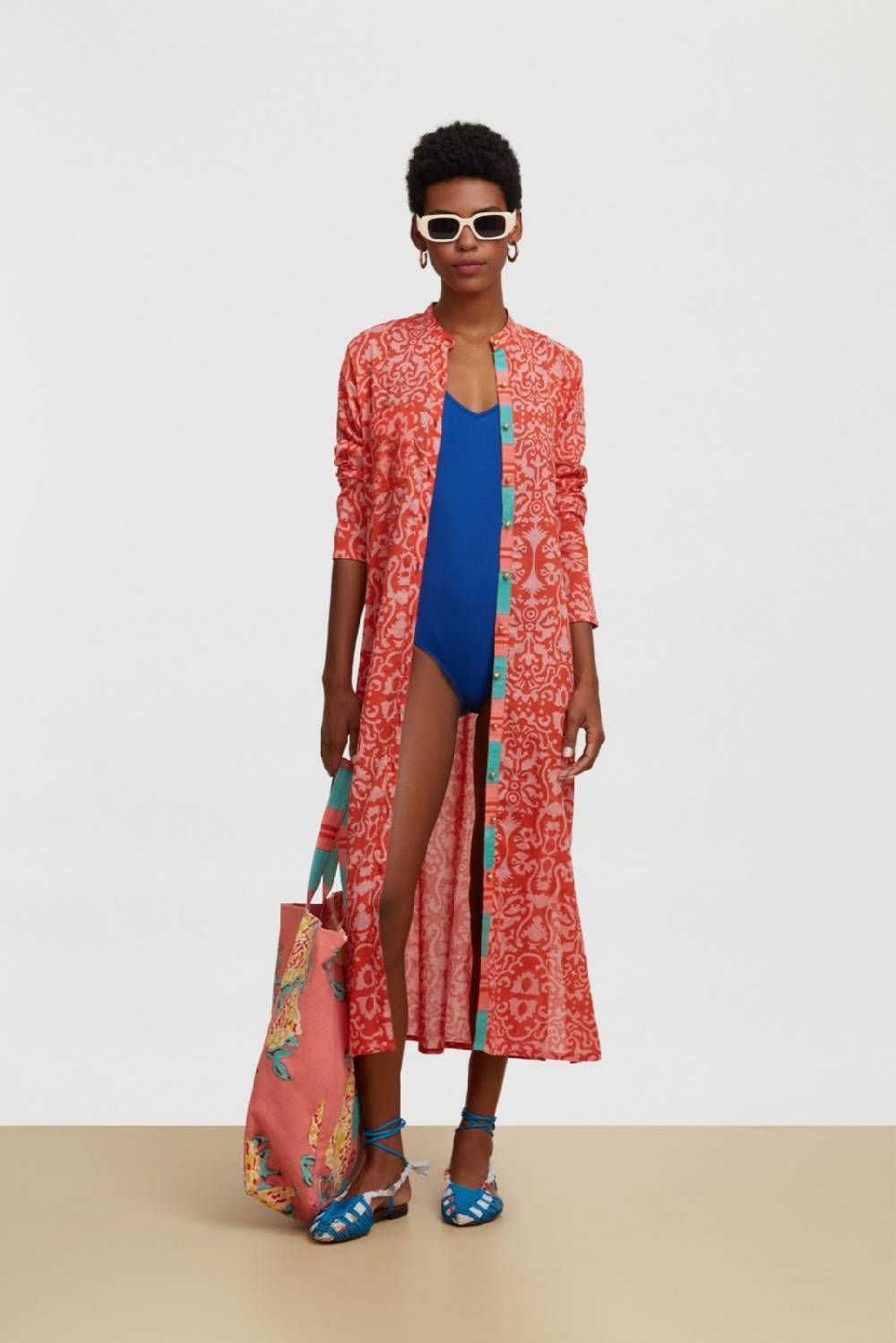 Lisa Corti Kurta Lunga Aperta Damask Design Red