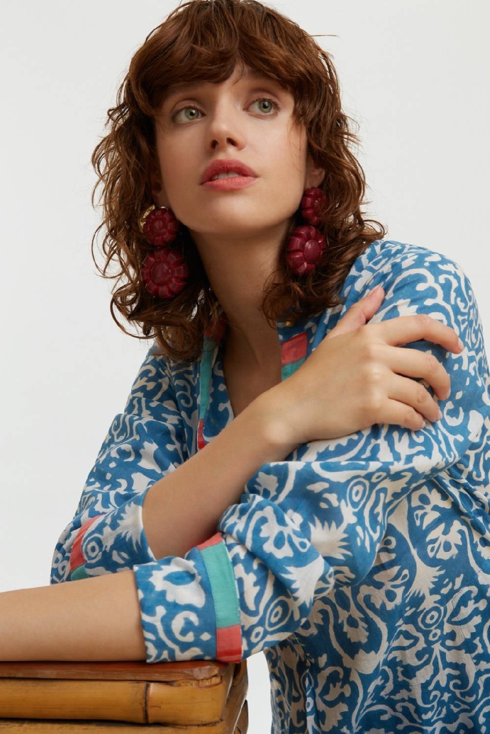 Lisa Corti Kurta Lunga Damask Design White Blue