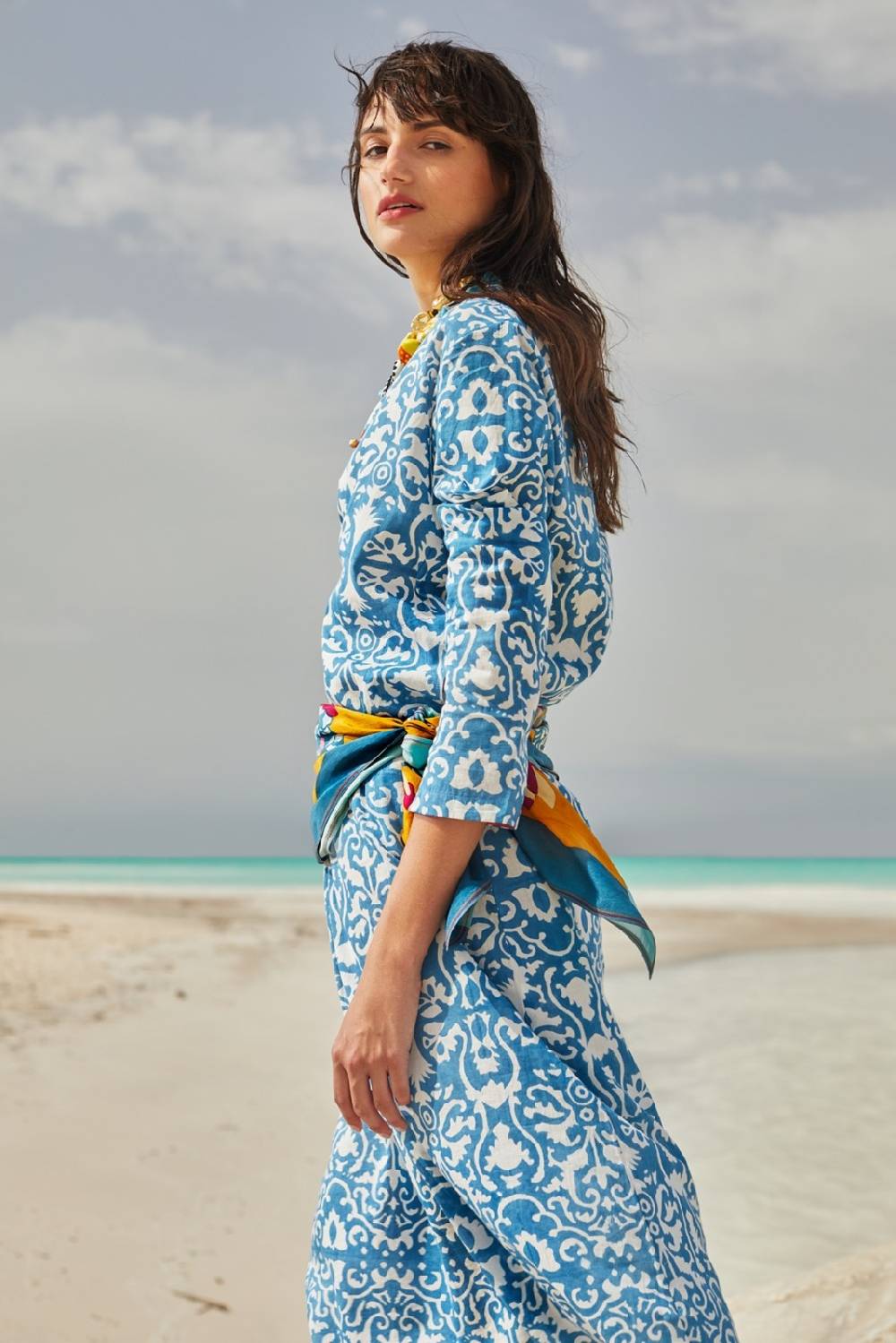 Lisa Corti Kurta Lunga Damask Design White Blue