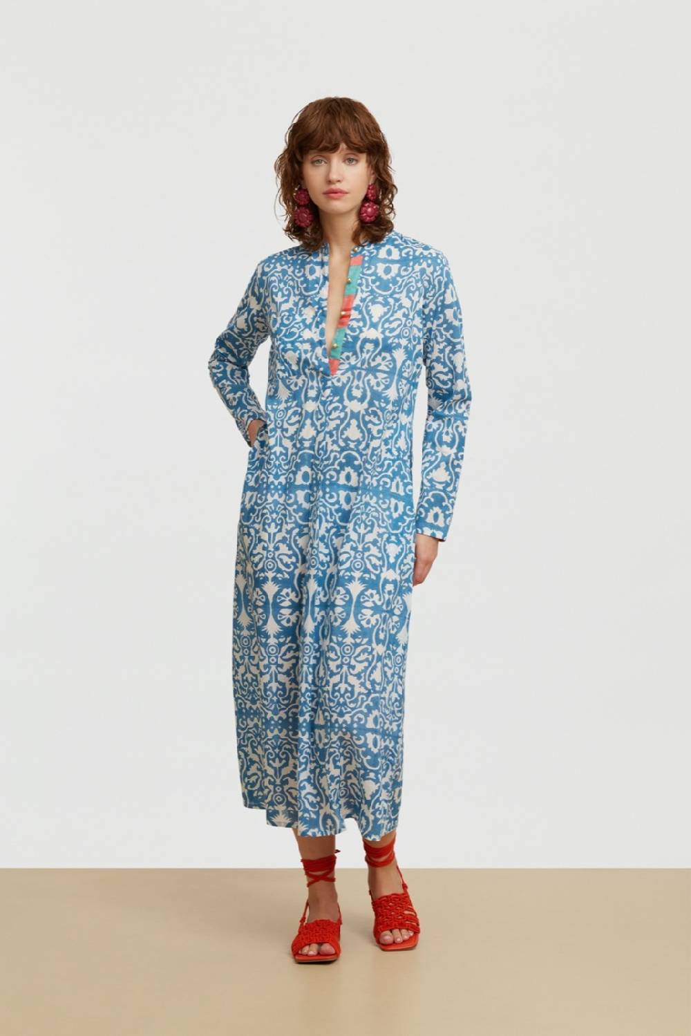 Lisa Corti kurta lunga damask design white blue