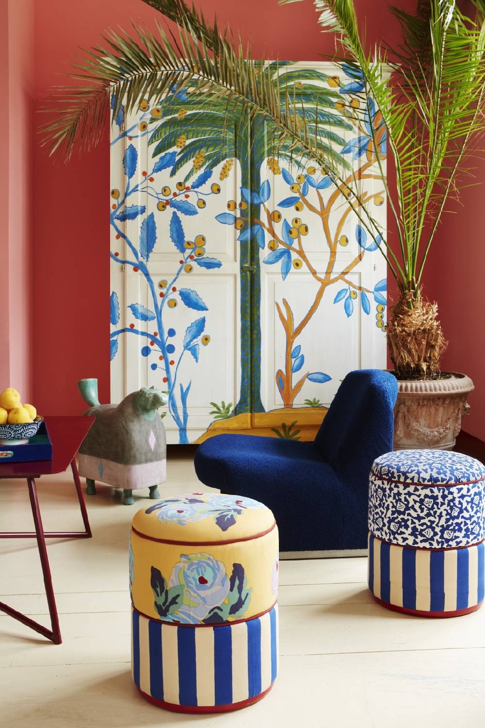 Lisa Corti Pouf Nizam Mustard Stripes Blue Natural