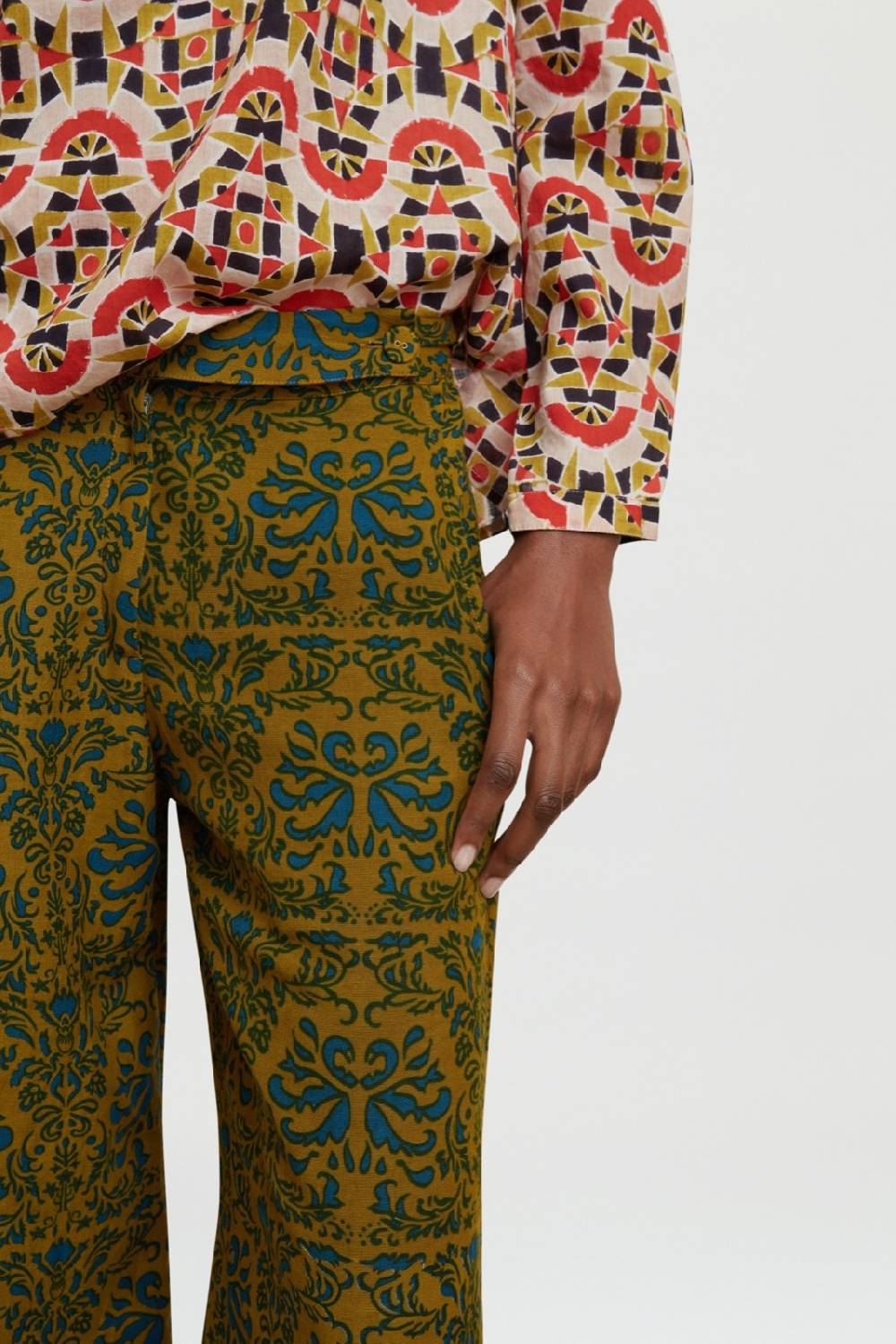 Lisa Corti Pantalone Myanmar Tangeri Damask Olive Green