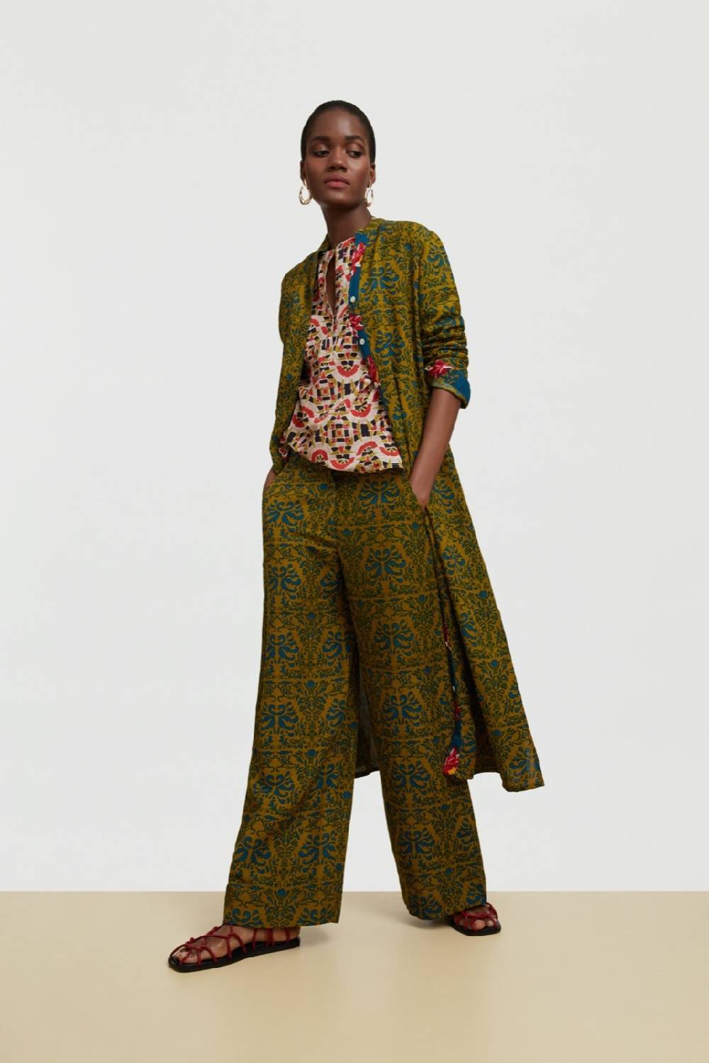 Lisa Corti Pantalone Myanmar Tangeri Damask Olive Green