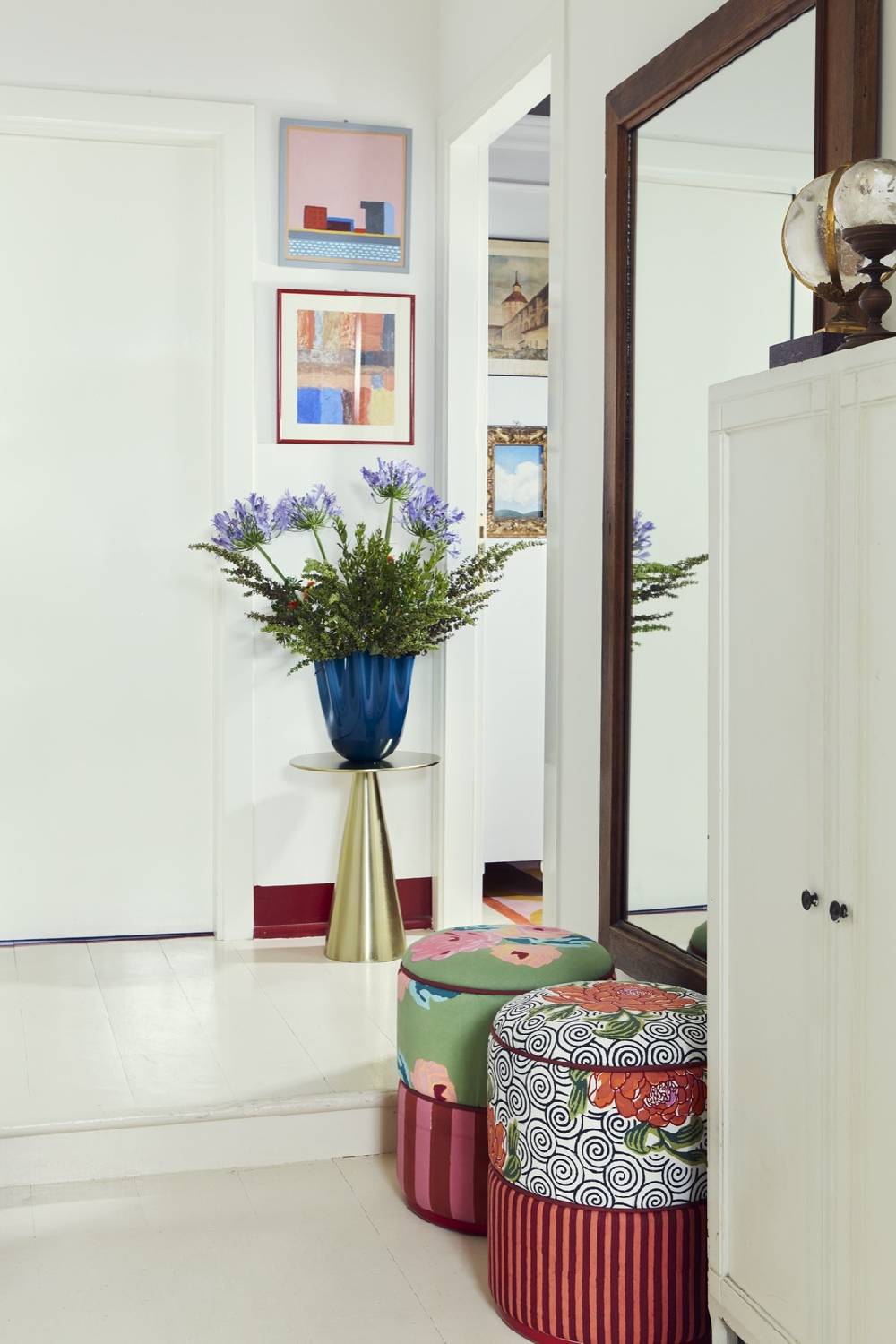 Lisa Corti Pouf Camelia Black Stripes Maroon Orange