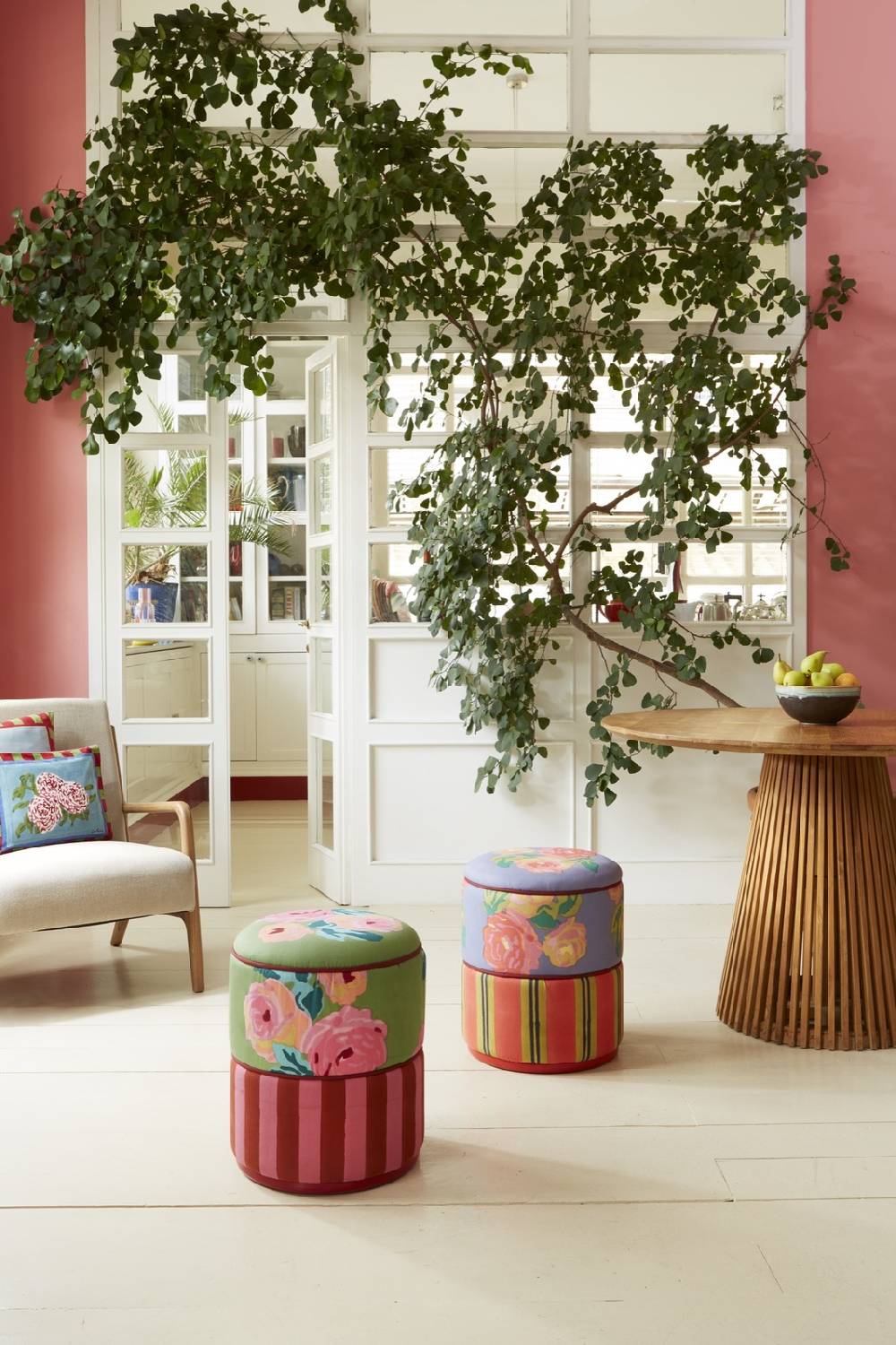 Lisa Corti Pouf Nizam Acid Green Stripes Old Pink Rust