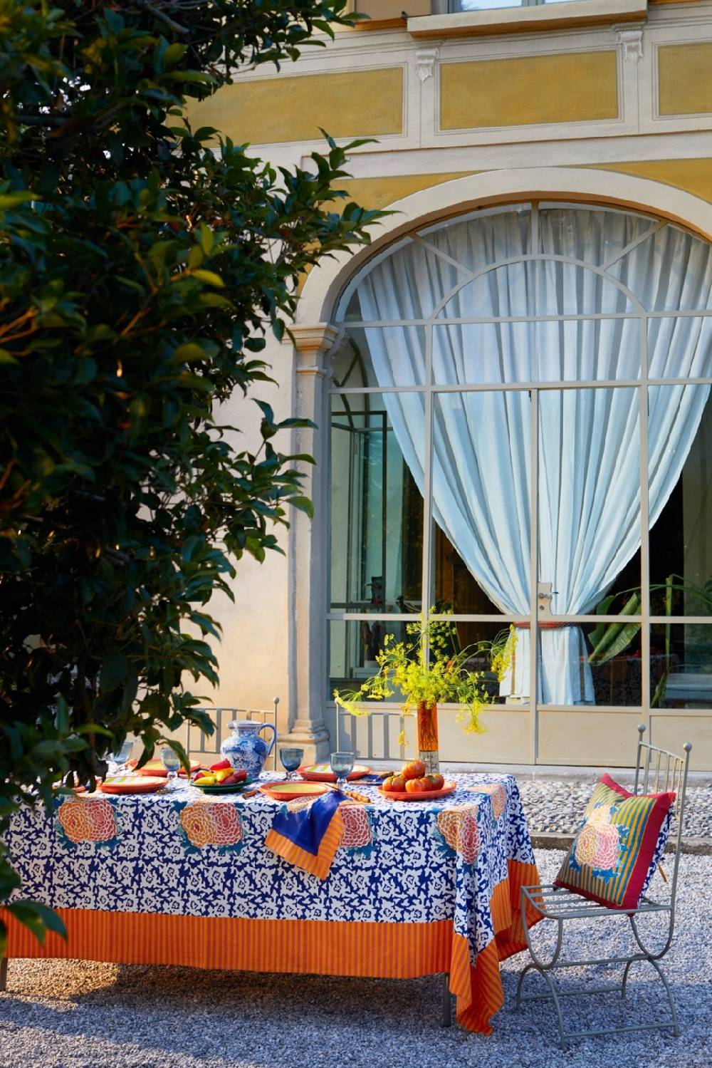 Lisa Corti Telo Cotone 180x350cm Arabesque Corolla Blue Natural