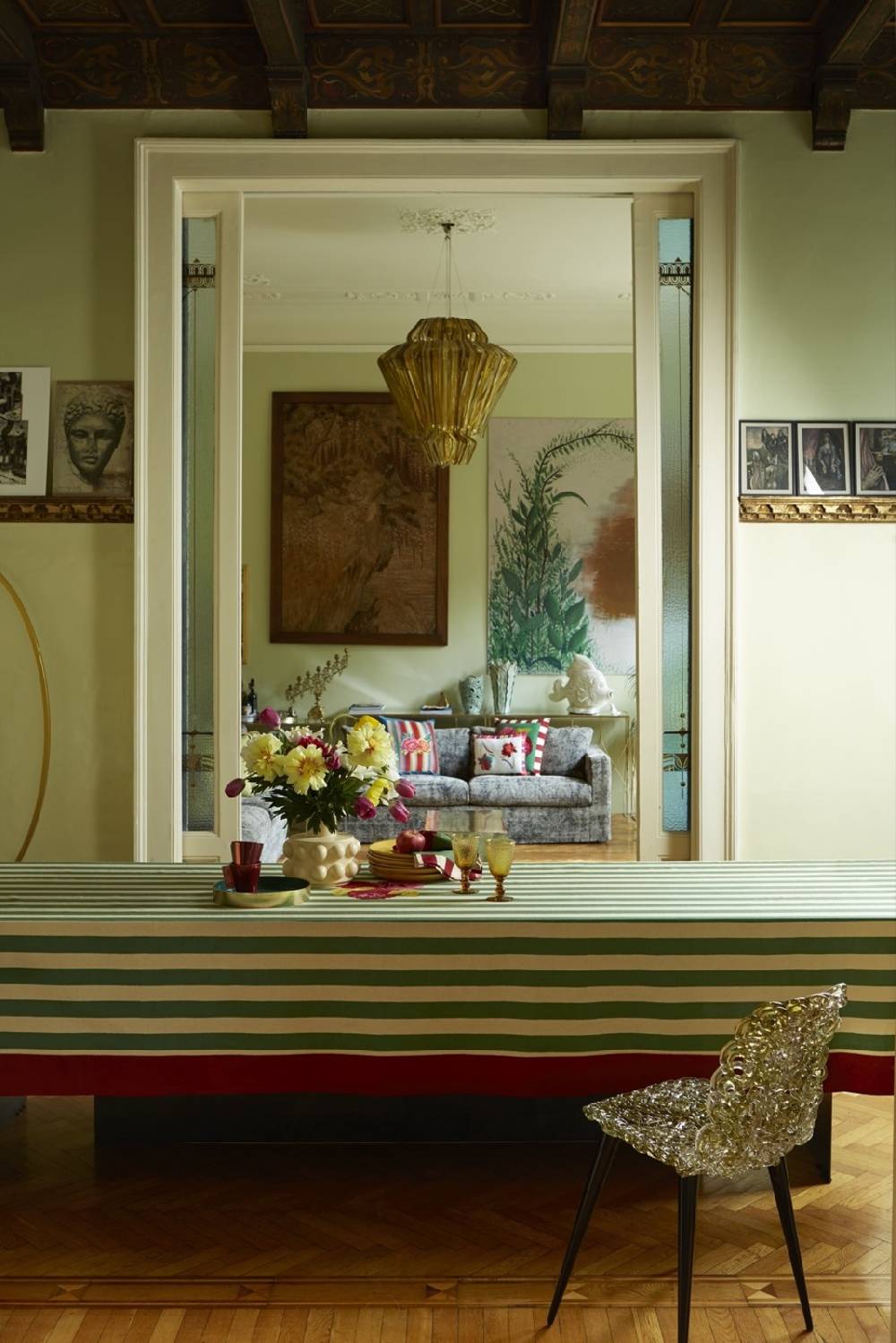 Lisa Corti Telo Cotone 250x270cm Nizam Stripes Green Natural