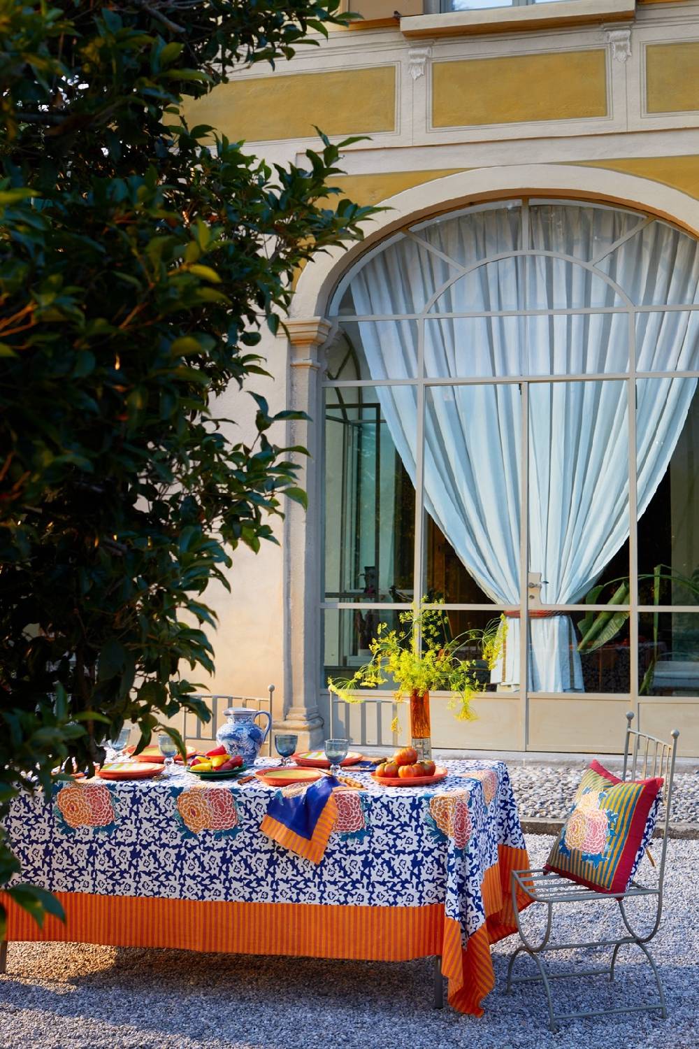 Lisa Corti Telo Mussola Di Cotone 220x220cm Arabesque Corolla Blue Natural