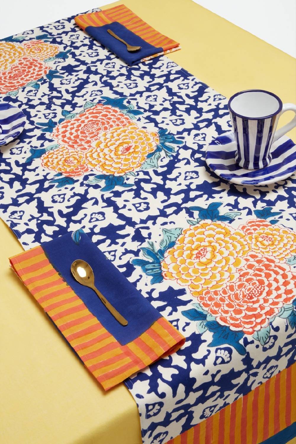 Lisa Corti Tovaglietta Doppia Cotone 50x150cm Arabesque Corolla Blue Natural