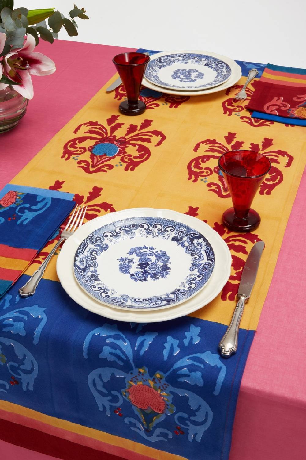 Lisa Corti Tovaglietta Doppia Cotone 50x150cm Brocade Royal Blue