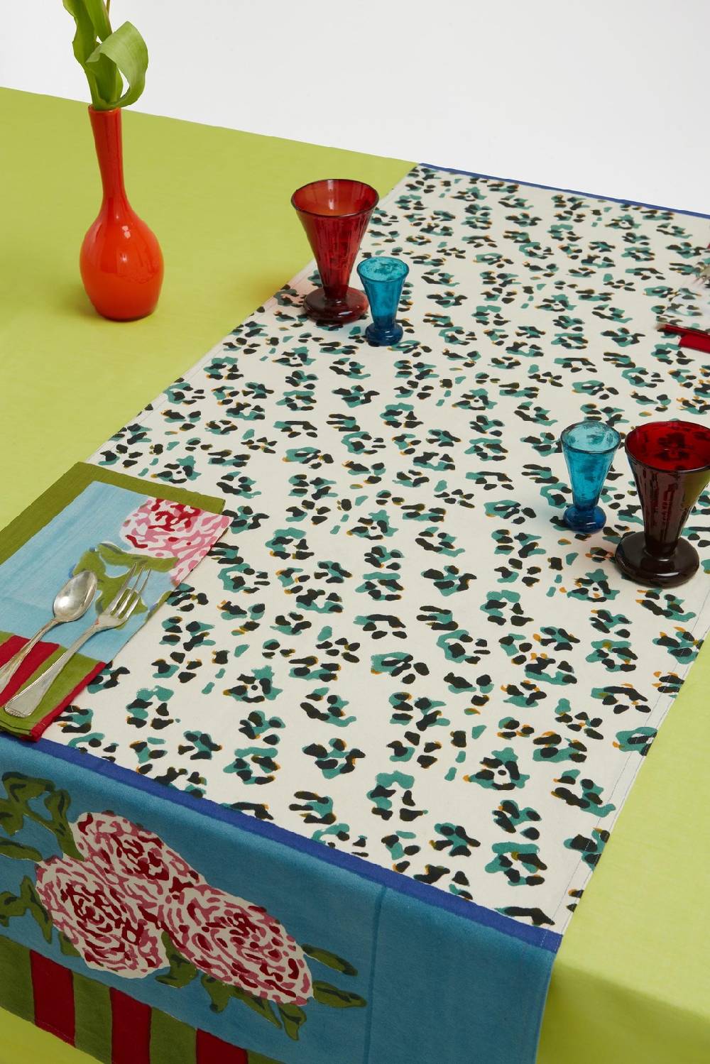 Lisa Corti Tovaglietta Doppia Cotone 50x150cm Leopard Stripes Sky