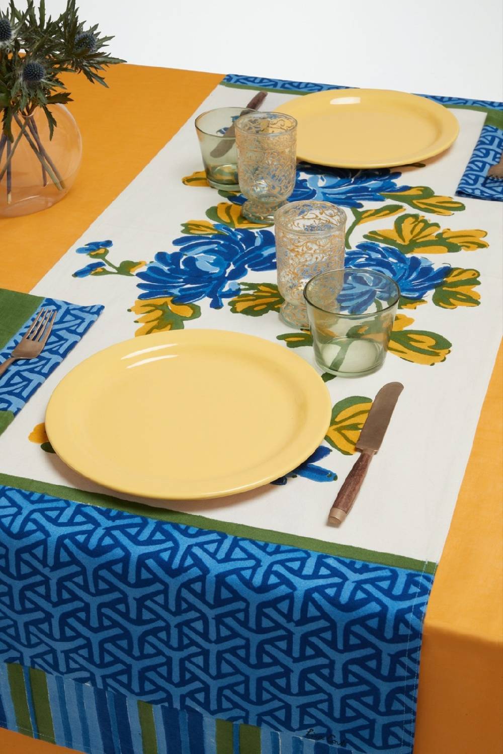 Lisa Corti Tovaglietta Doppia Cotone 50x150cm Vienna Blue Cream