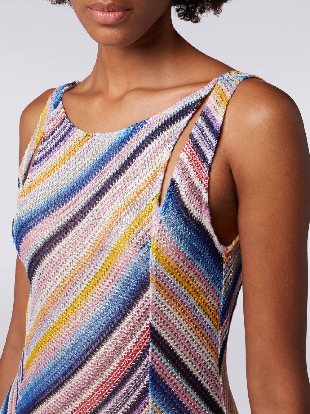 M Missoni Abito Copricostume Lungo In Crochet Rigato Con Spacchi