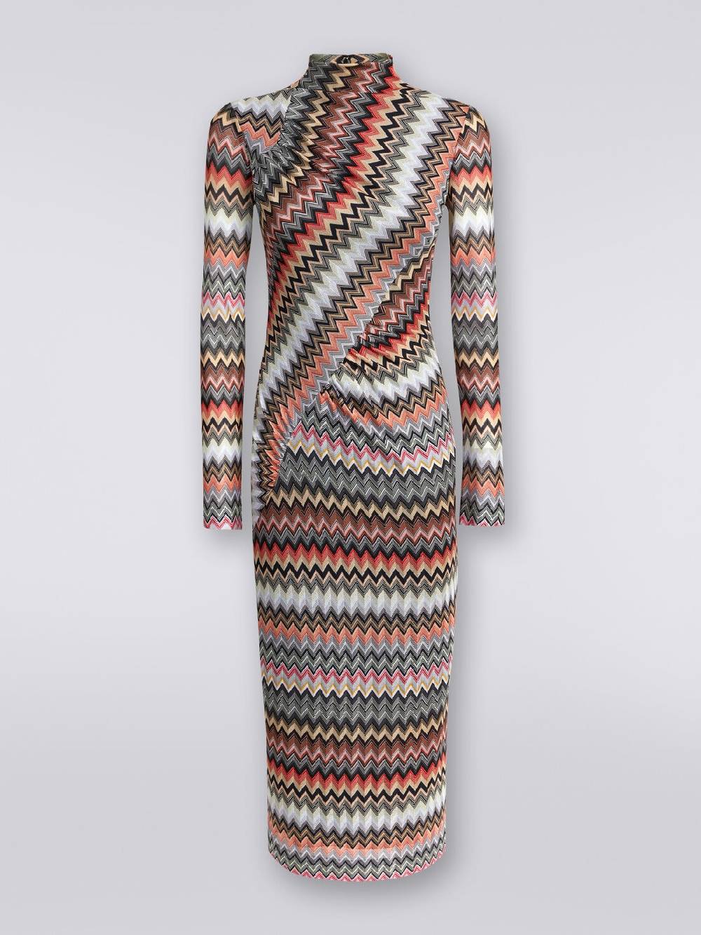 M Missoni Abito Lungo Con Collo Alto In Cotone E Viscosa Zig Zag Con Arricciature